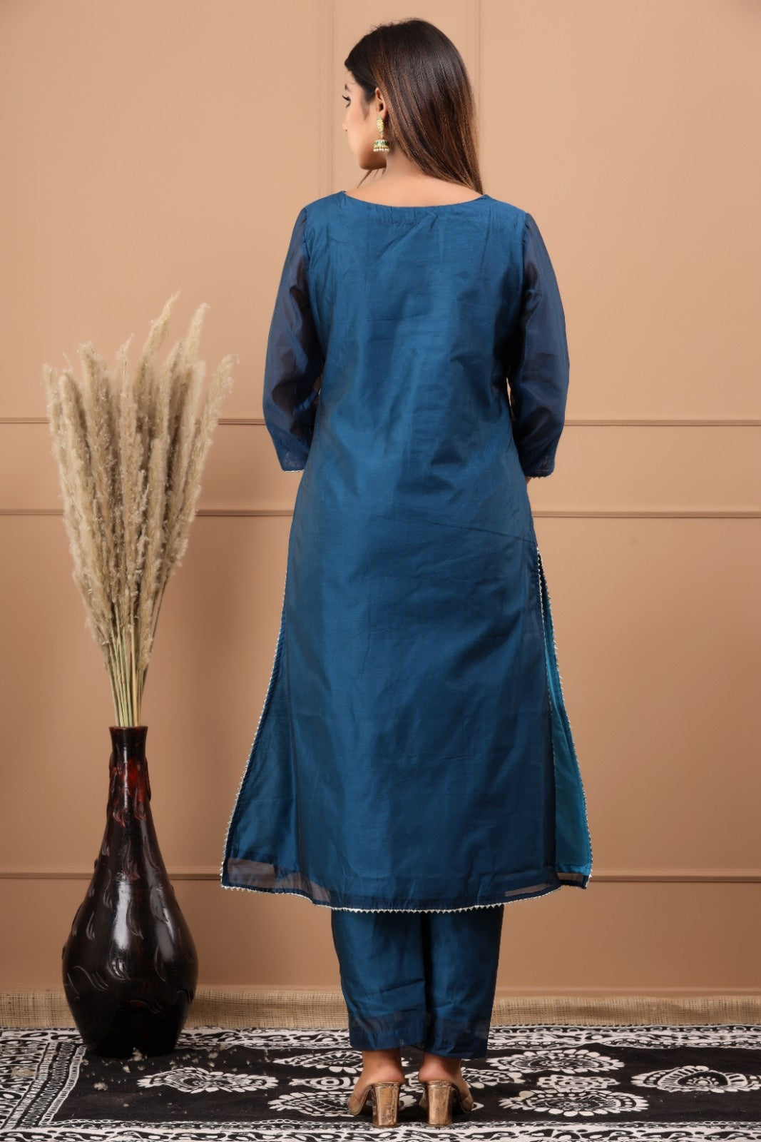 Navy Blue Chanderi Kurta Pant Set