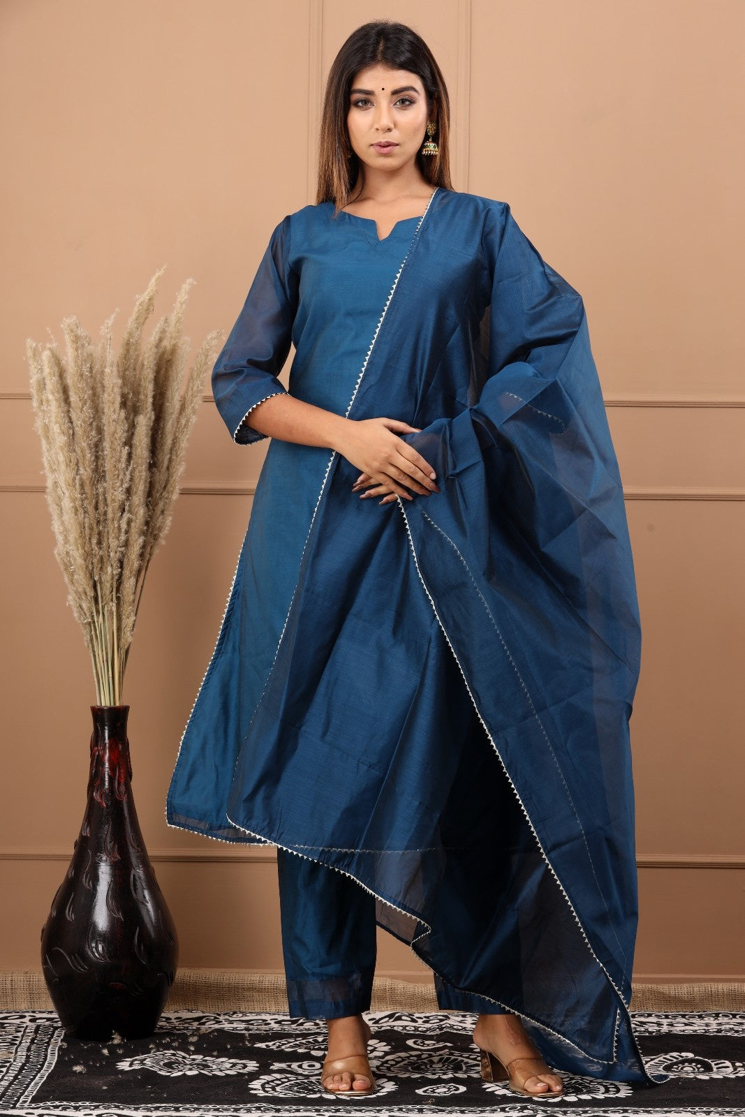 Navy Blue Chanderi Kurta Pant Set