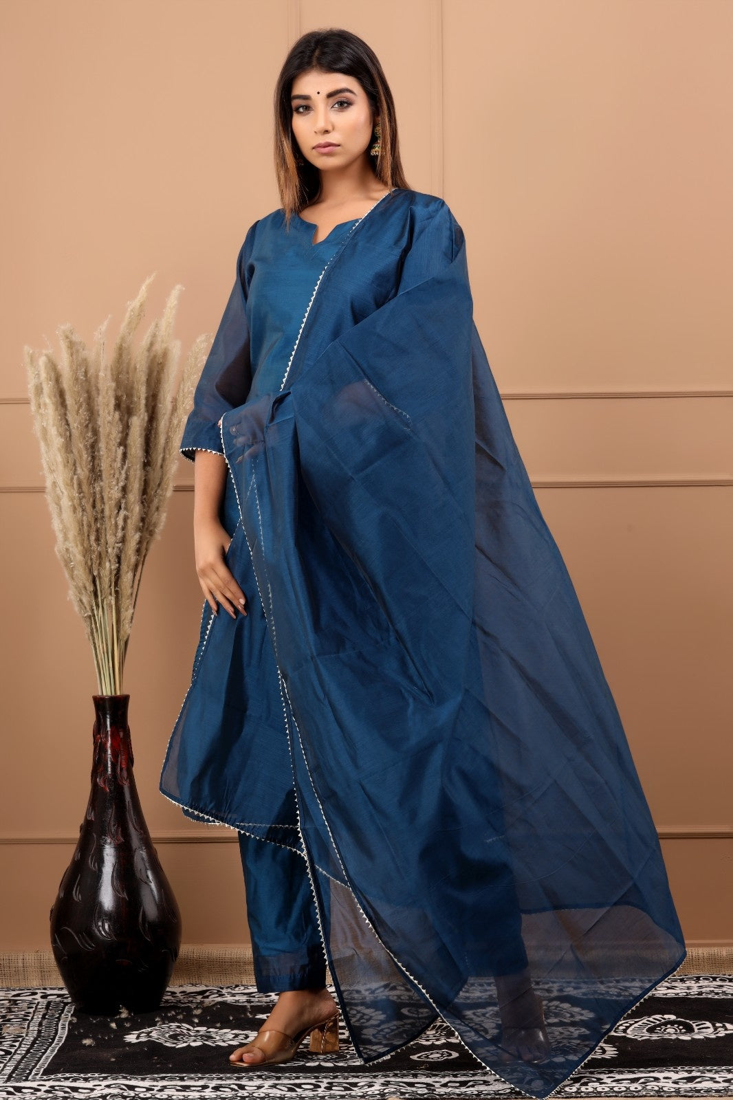 Navy Blue Chanderi Kurta Pant Set