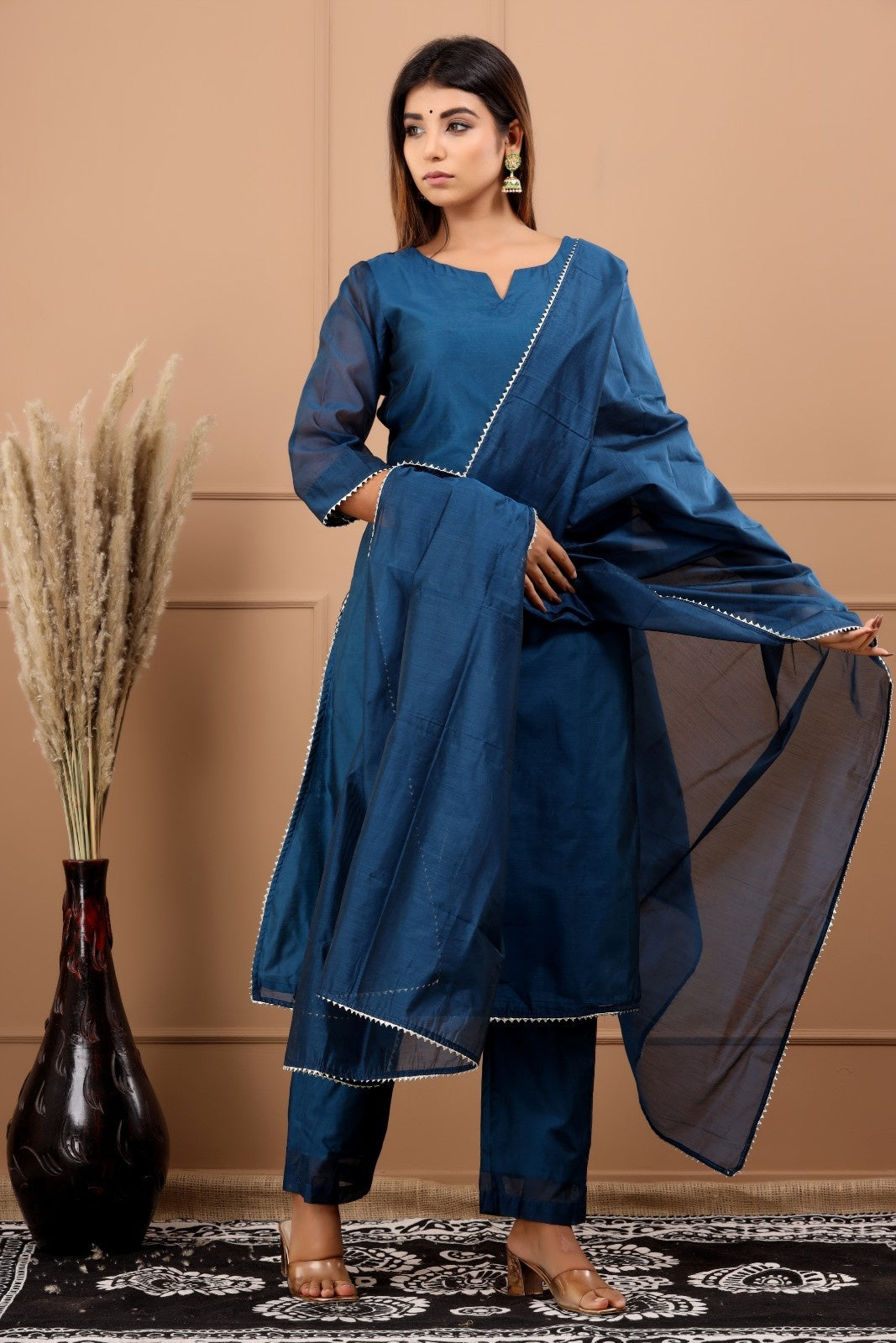 Navy Blue Chanderi Kurta Pant Set