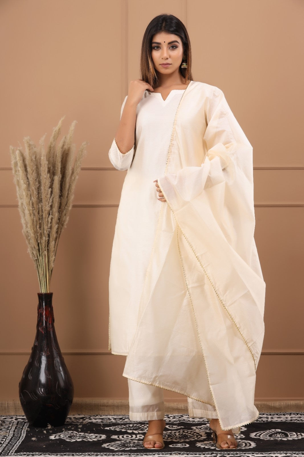 Off White Chanderi Kurta Pant Set