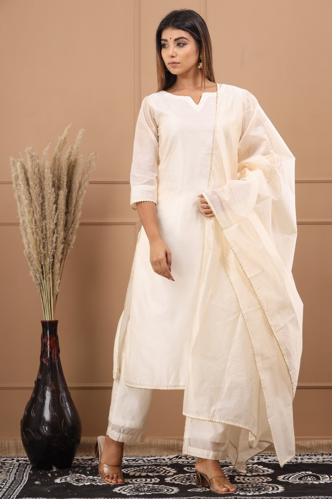 Off White Chanderi Kurta Pant Set