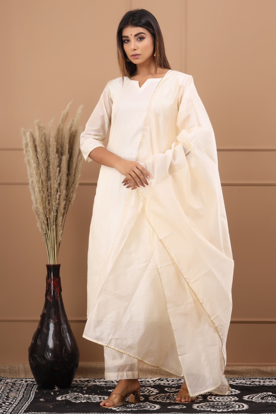 Off White Chanderi Kurta Pant Set