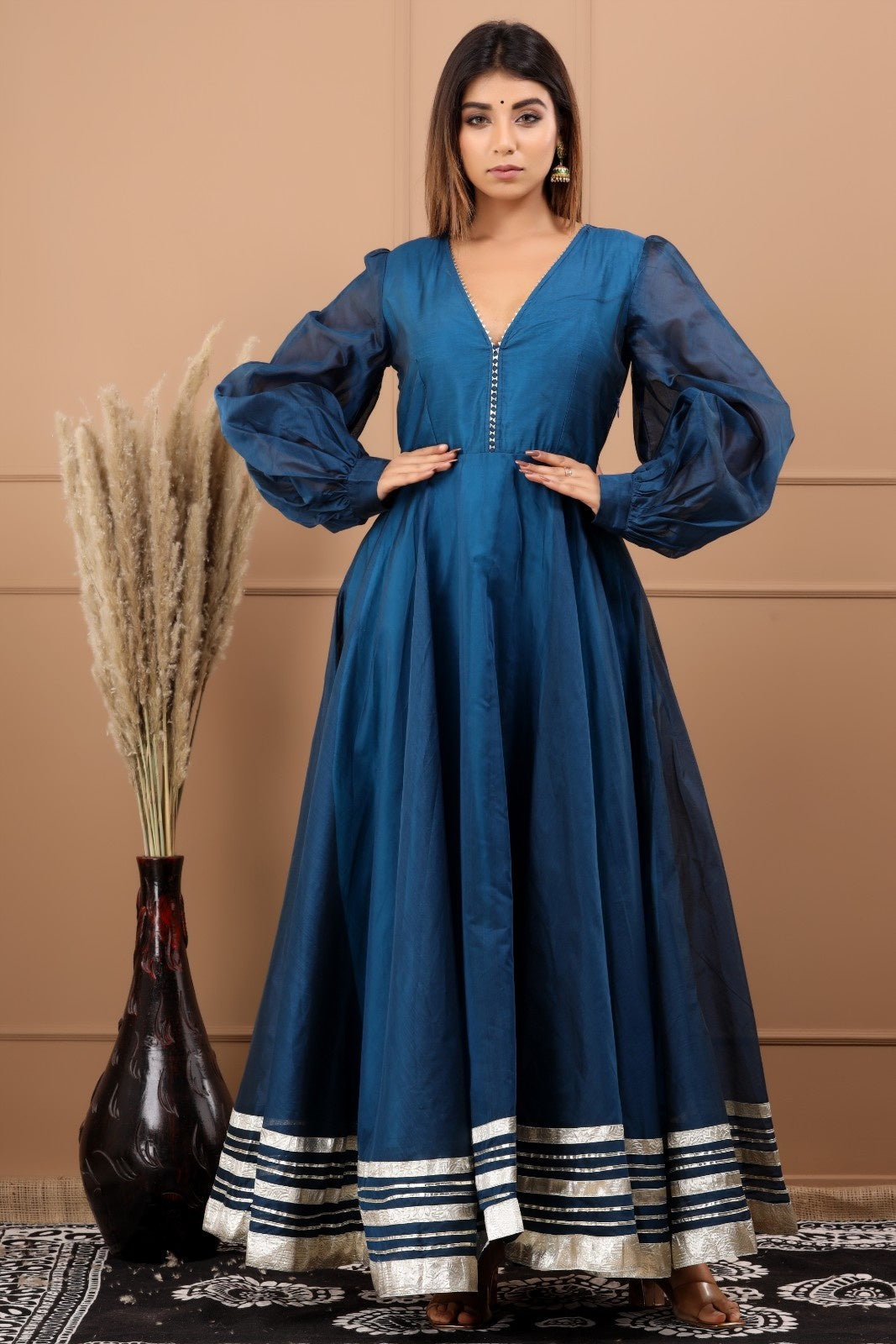 Blue Chanderi Dress with Gota Work