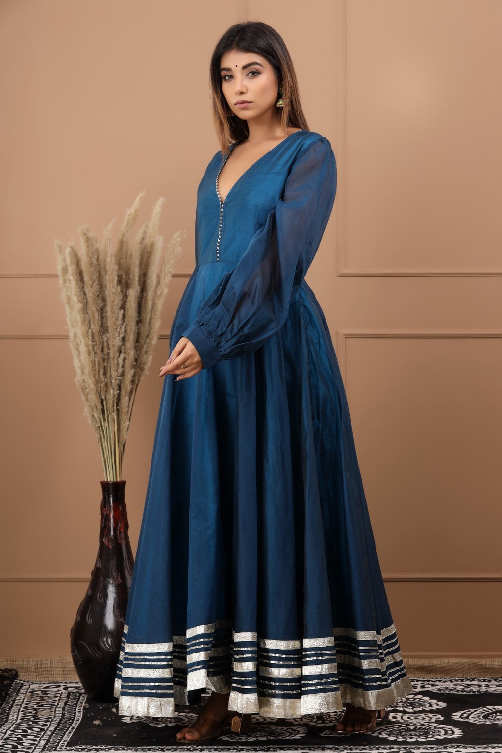 Blue Chanderi Dress with Gota Work