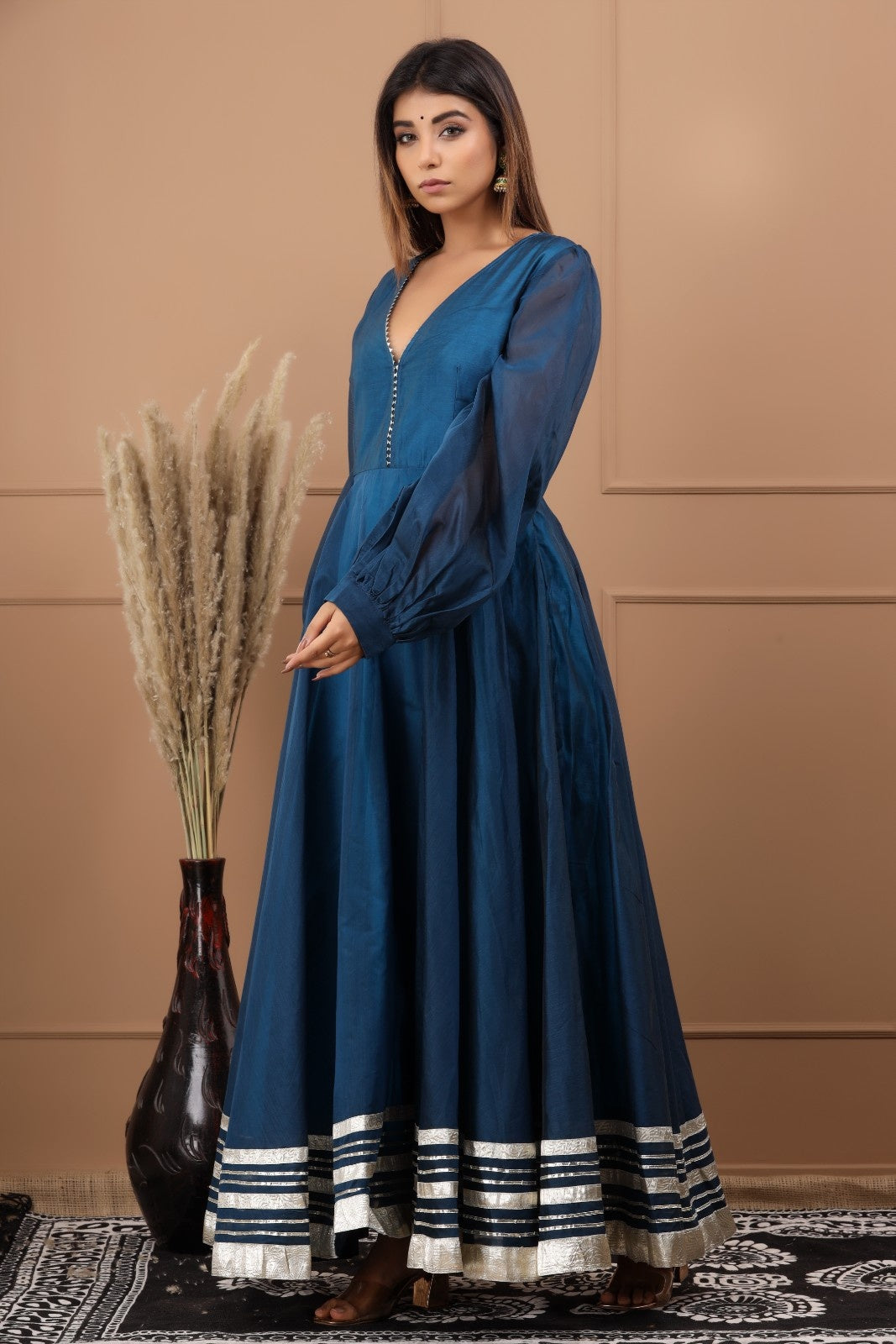 Blue Chanderi Dress with Gota Work