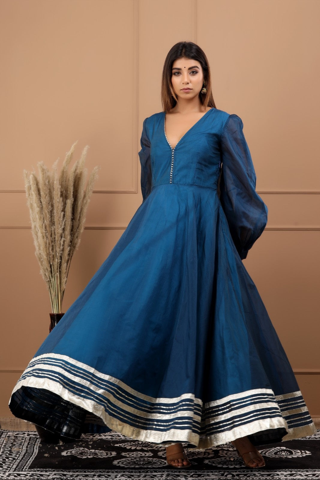 Blue Chanderi Dress with Gota Work