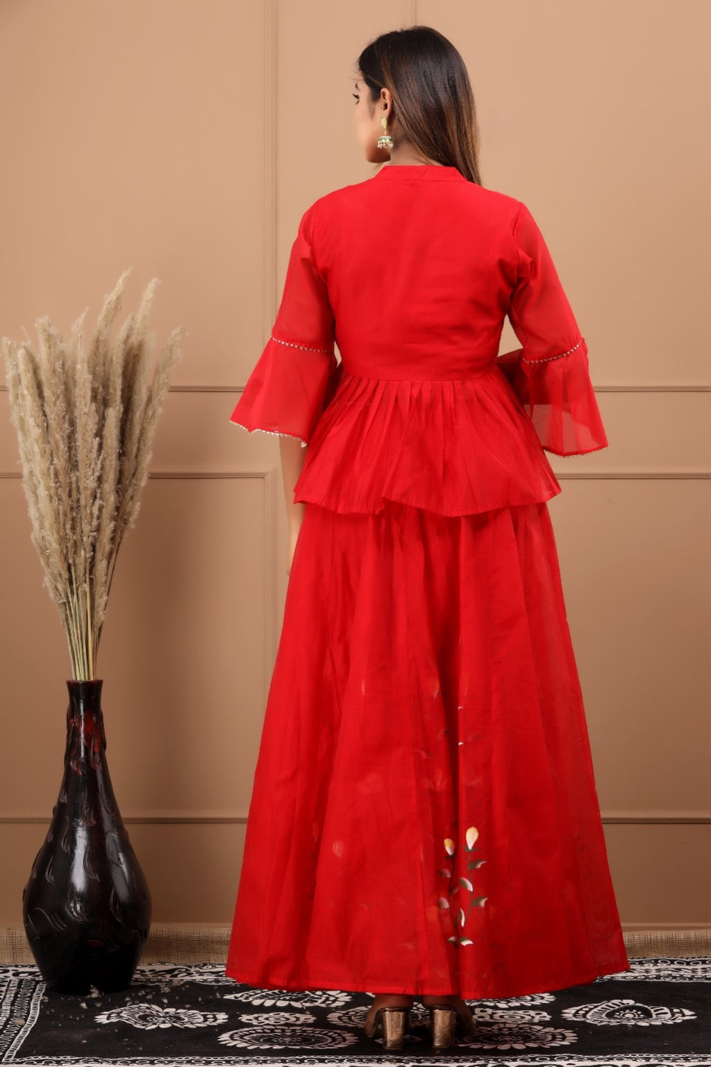 Red Chanderi Hand Painted Lehenga