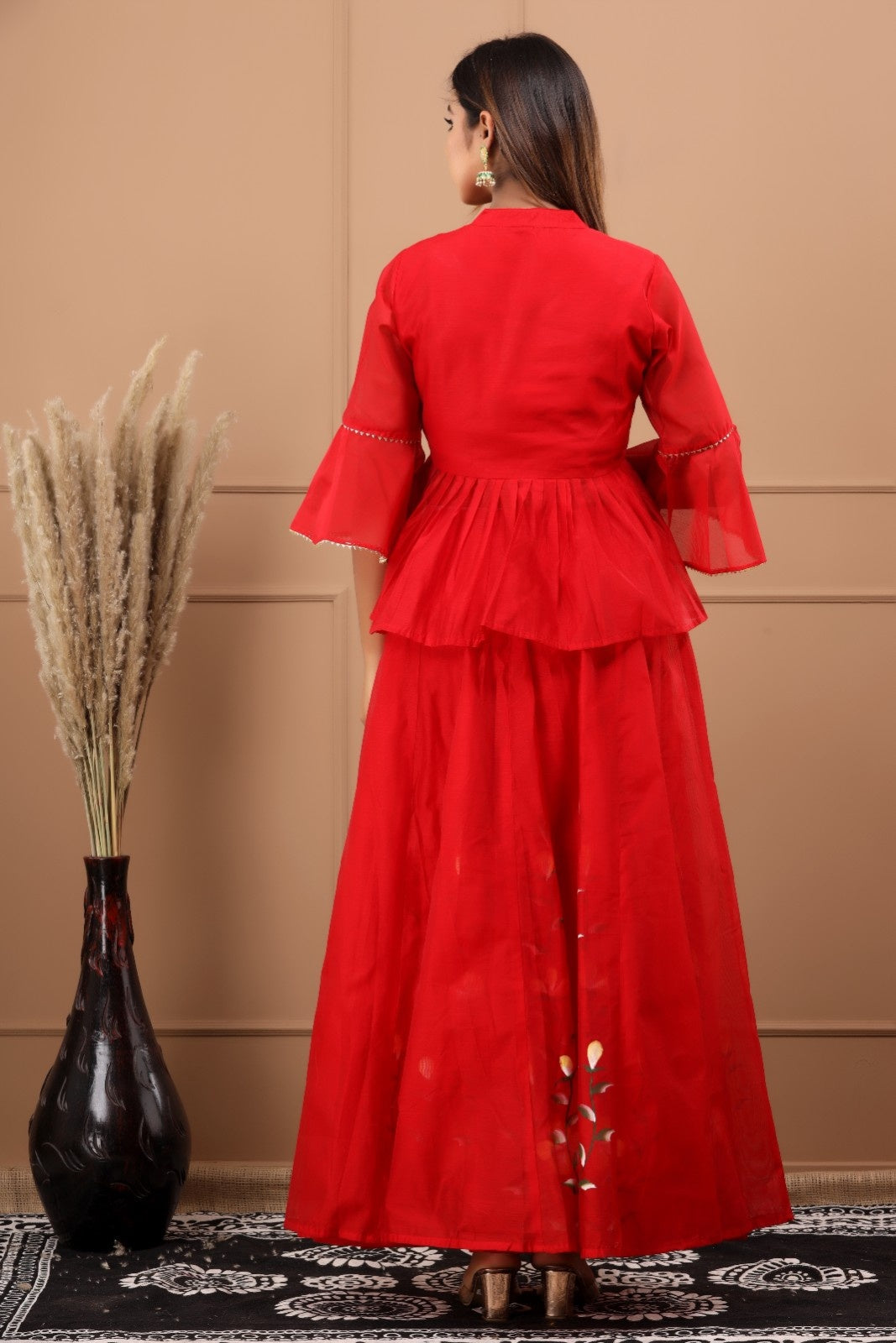 Red Chanderi Hand Painted Lehenga