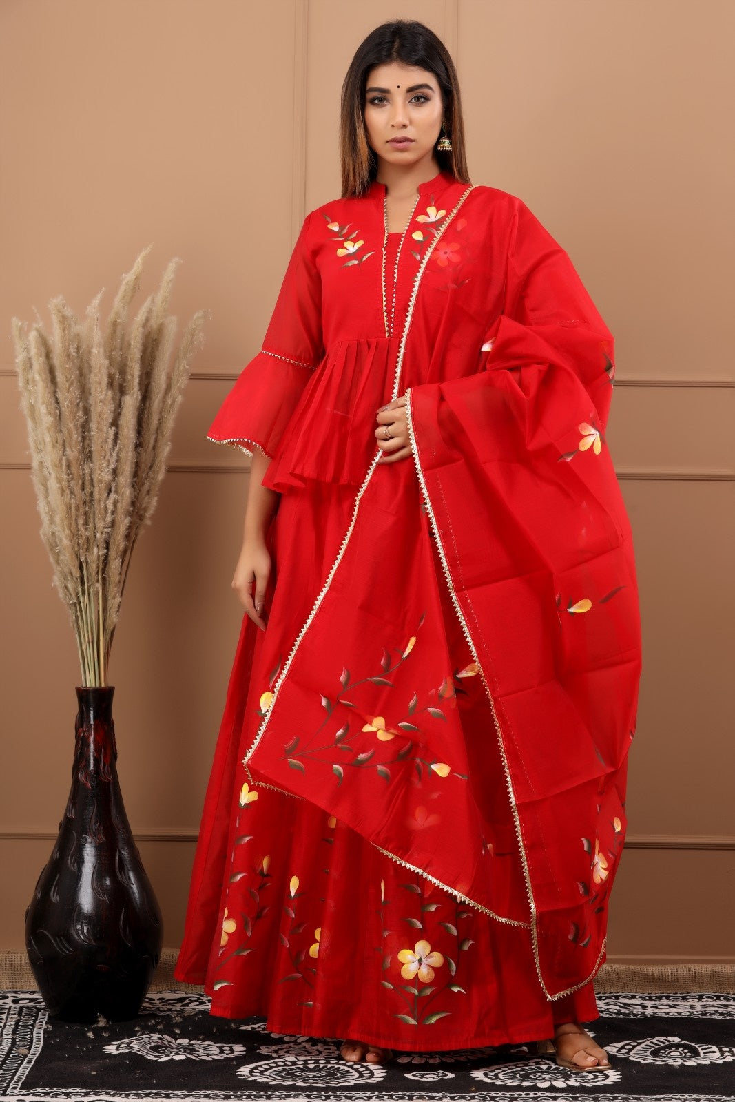 Red Chanderi Hand Painted Lehenga