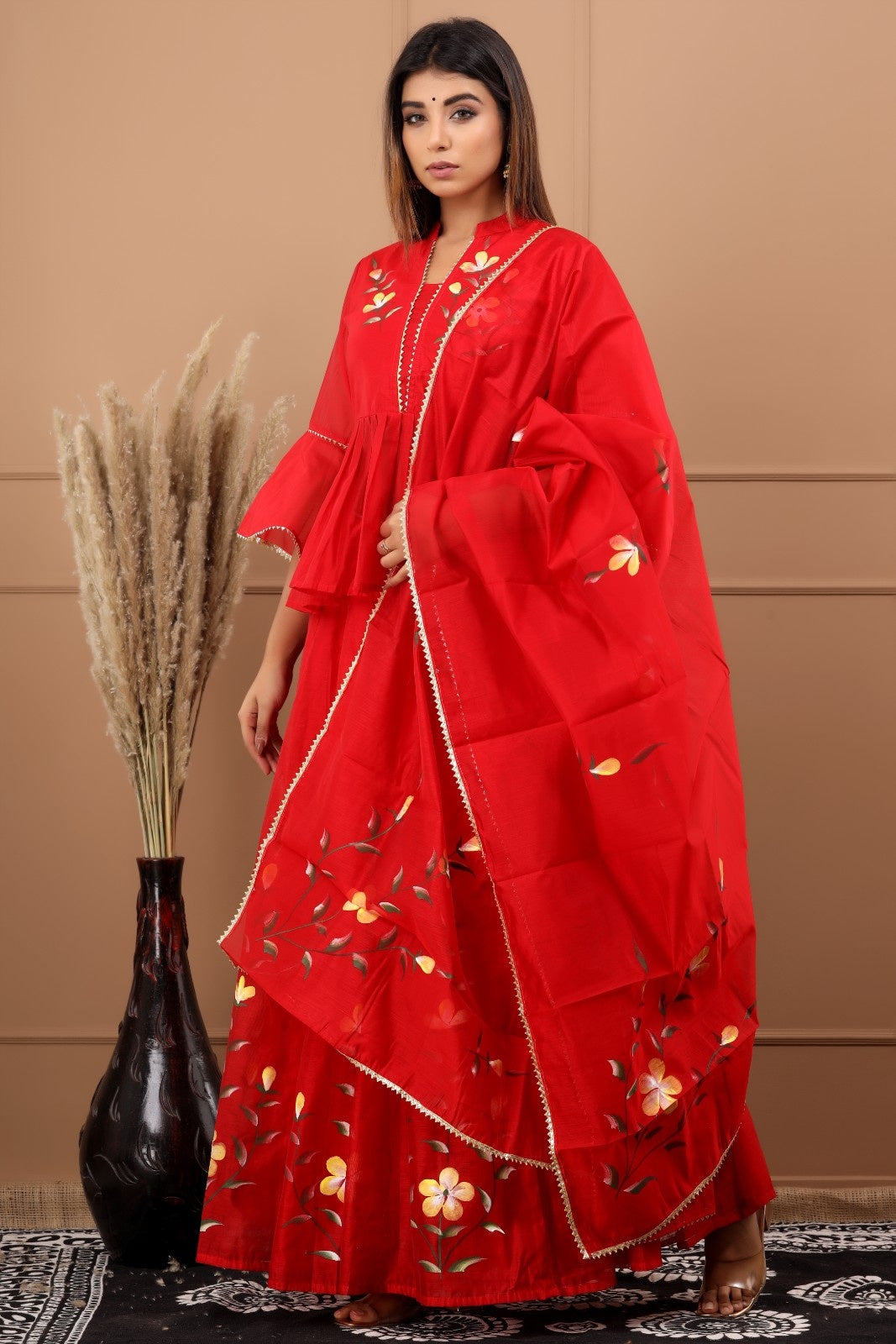 Red Chanderi Hand Painted Lehenga