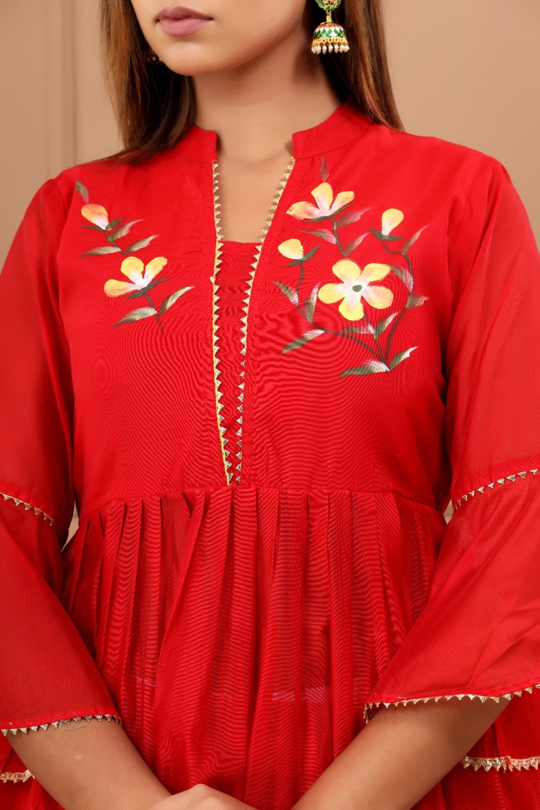 Red Chanderi Hand Painted Lehenga