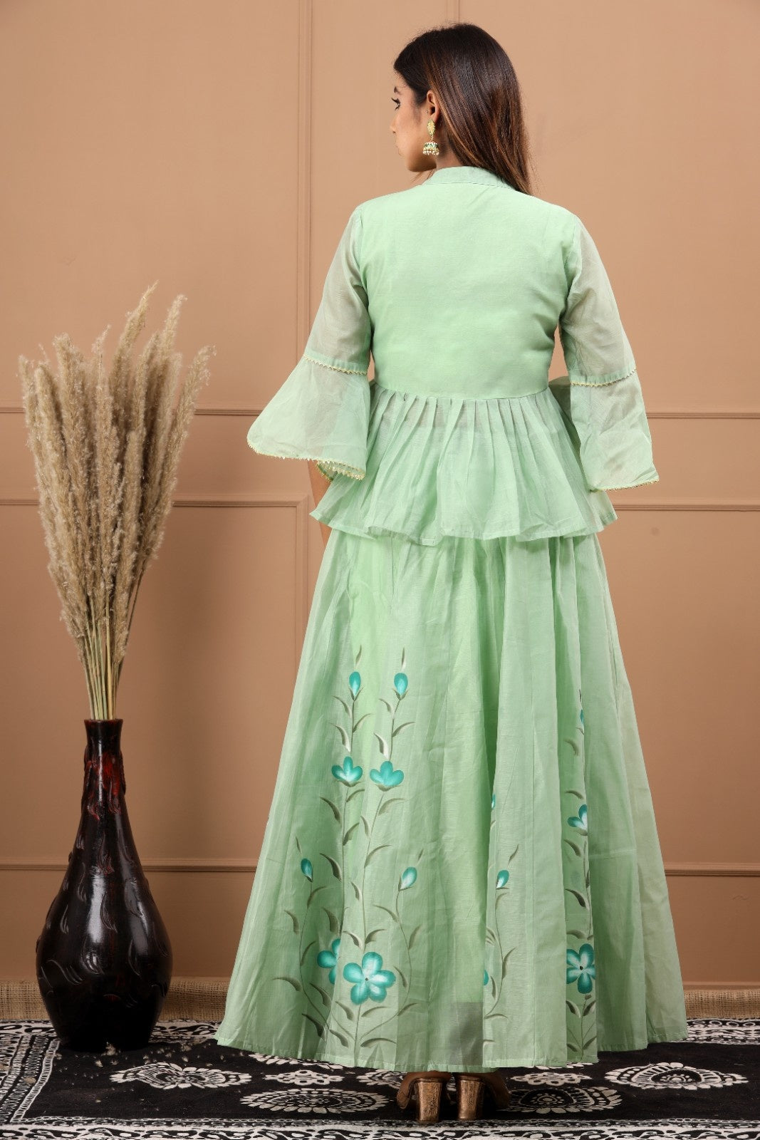 Green Chanderi Hand Painted Lehenga