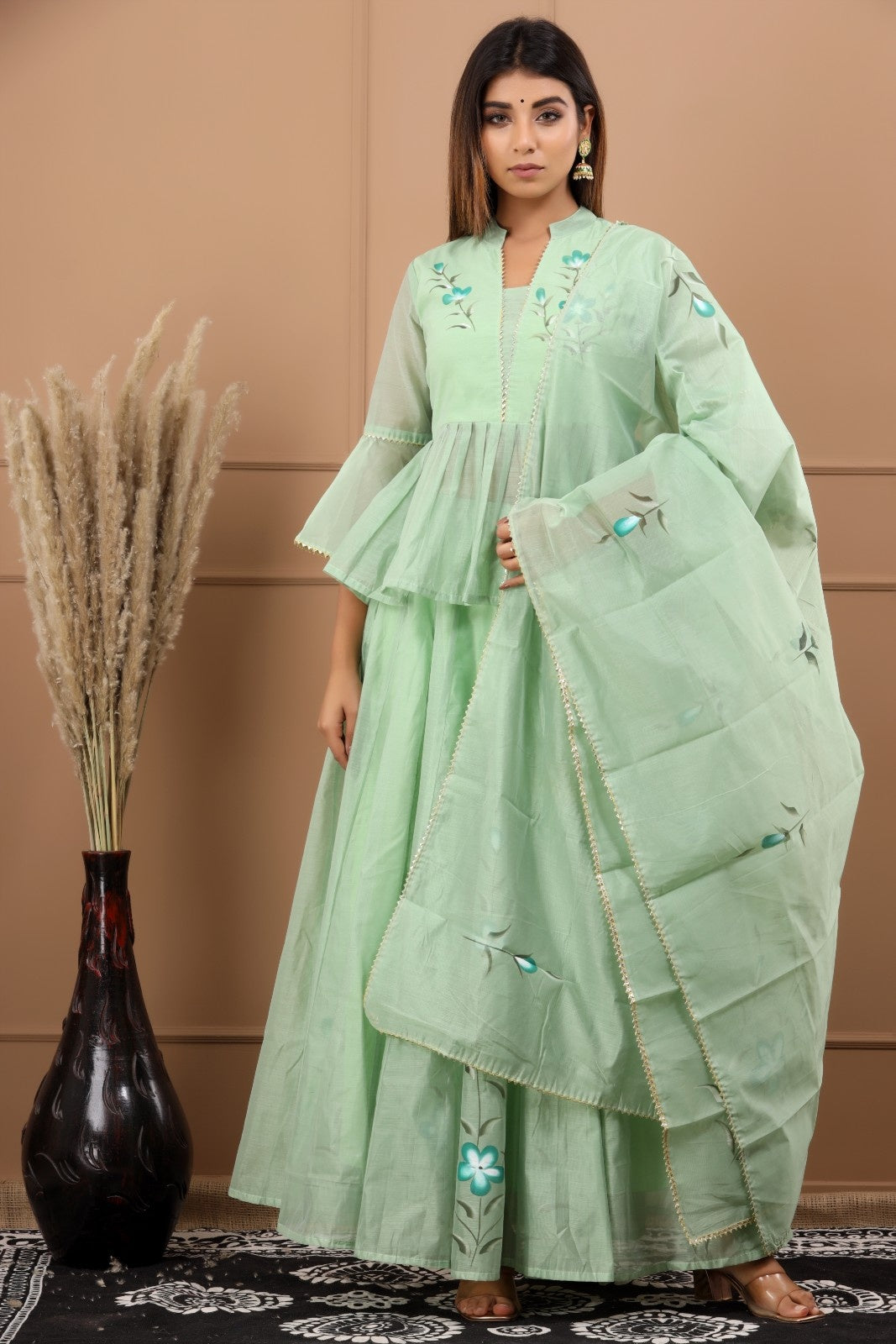 Green Chanderi Hand Painted Lehenga