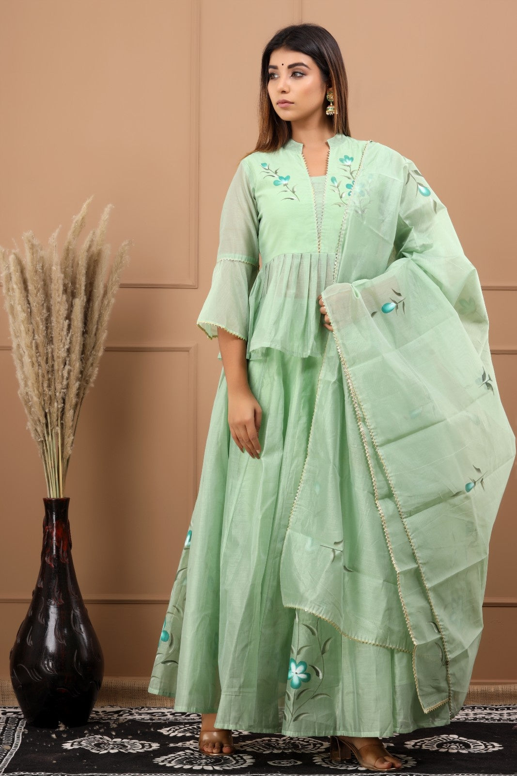 Green Chanderi Hand Painted Lehenga