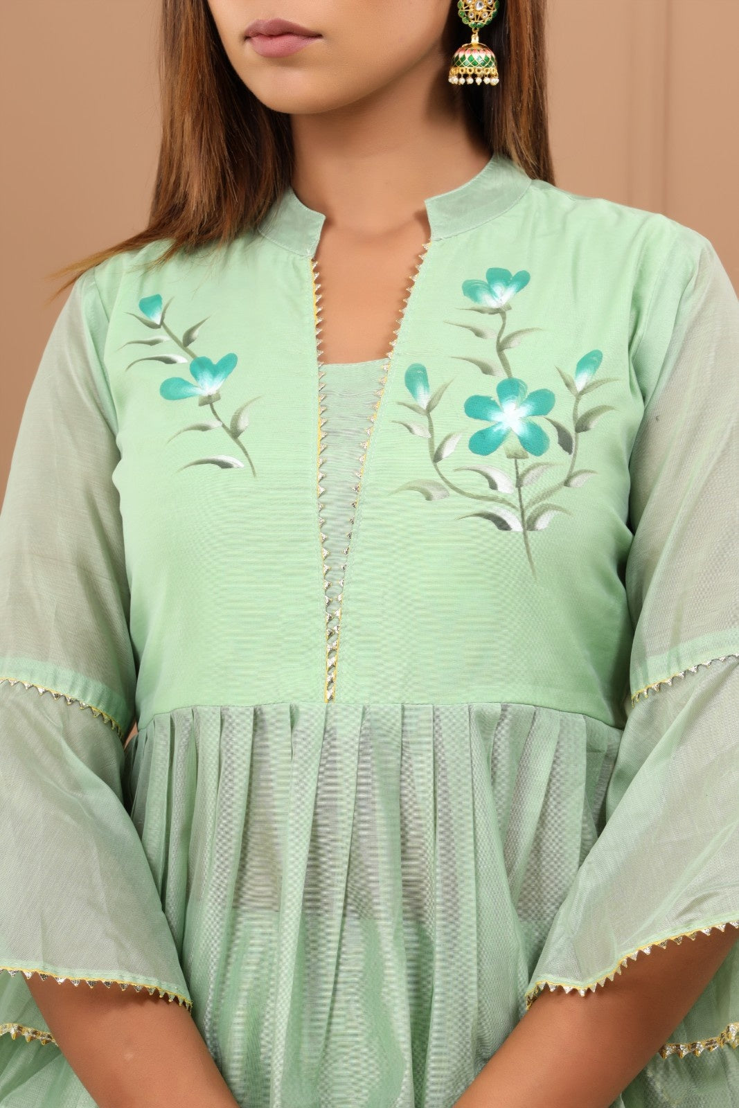 Green Chanderi Hand Painted Lehenga