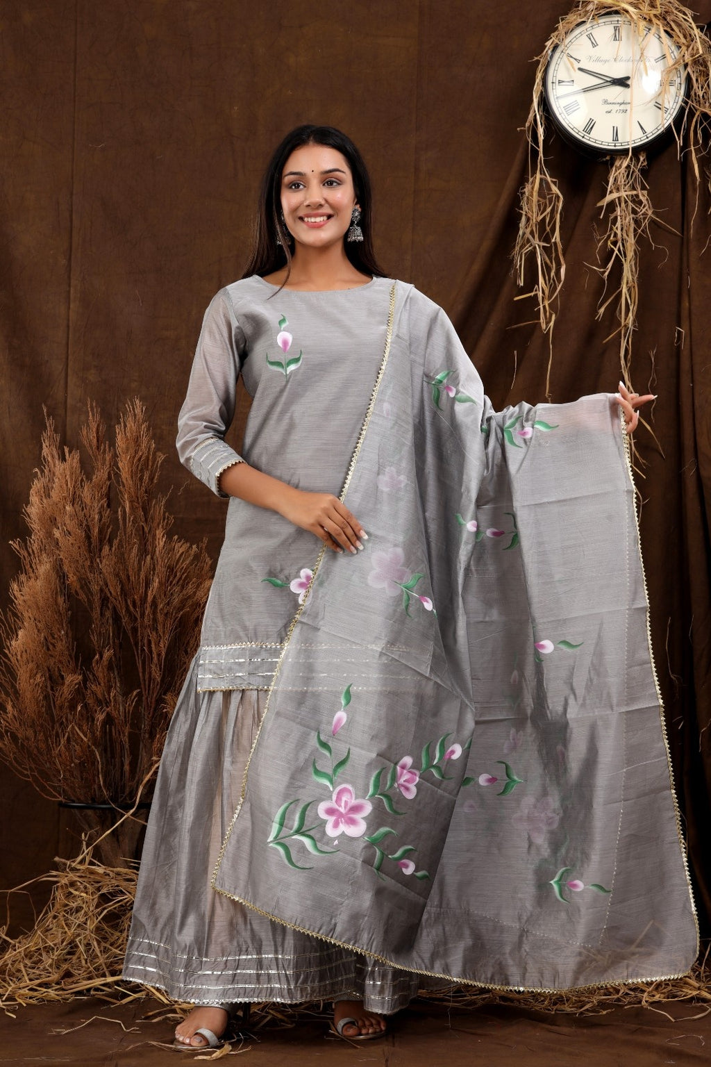 Grey Chanderi Hand Painted Kurta Set