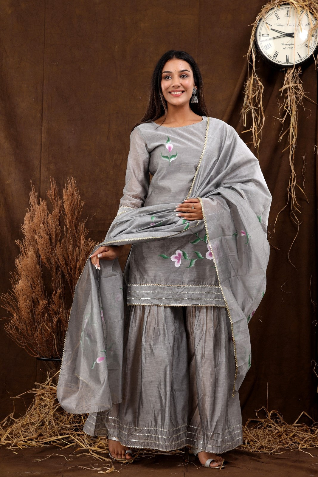 Grey Chanderi Hand Painted Kurta Set