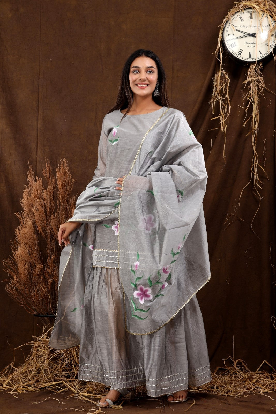 Grey Chanderi Hand Painted Kurta Set