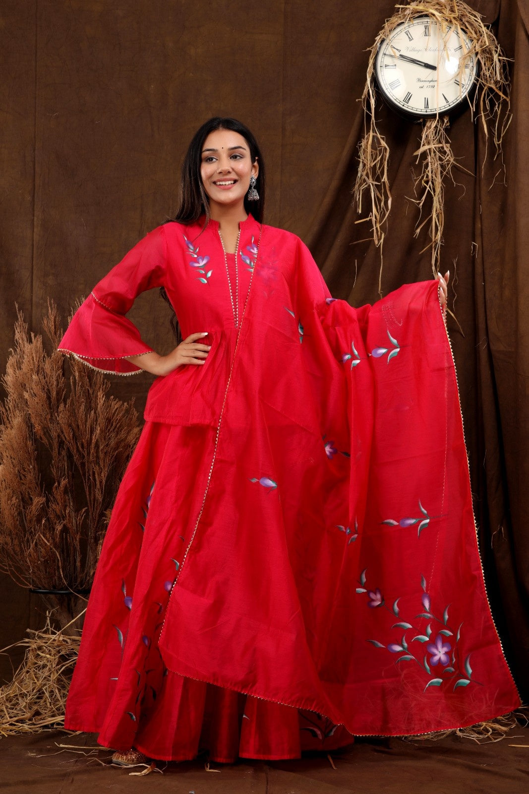 Pink Chanderi Hand Painted Lehenga