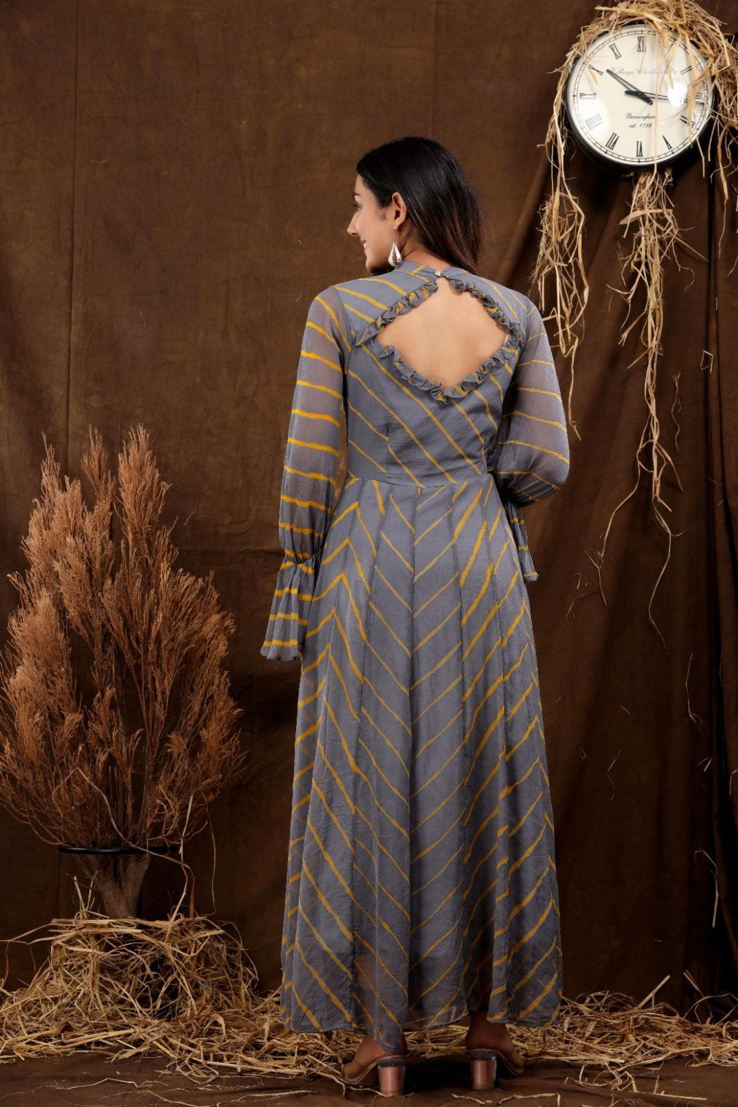 Grey Chiffon Leheriya Printed Dress