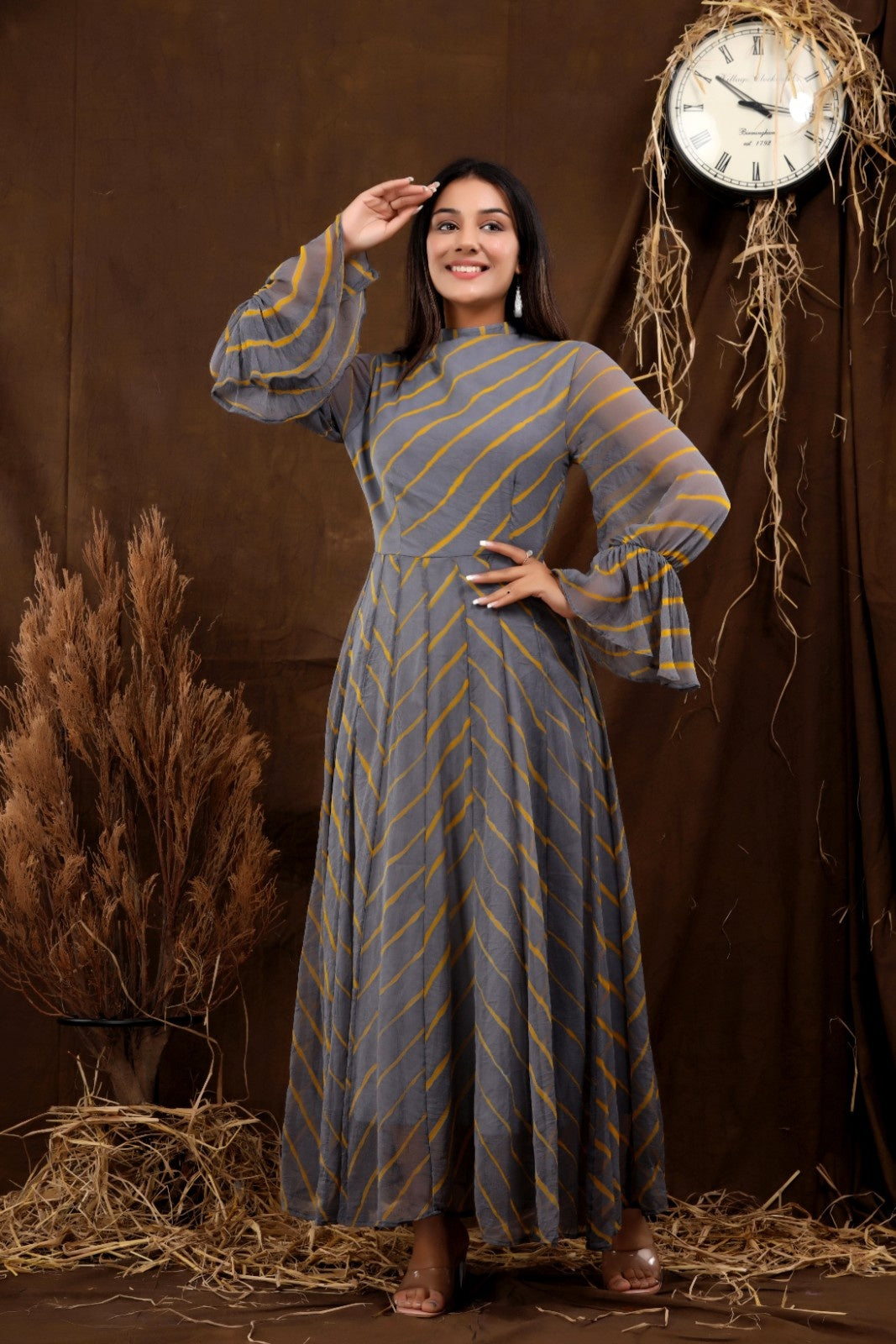 Grey Chiffon Leheriya Printed Dress