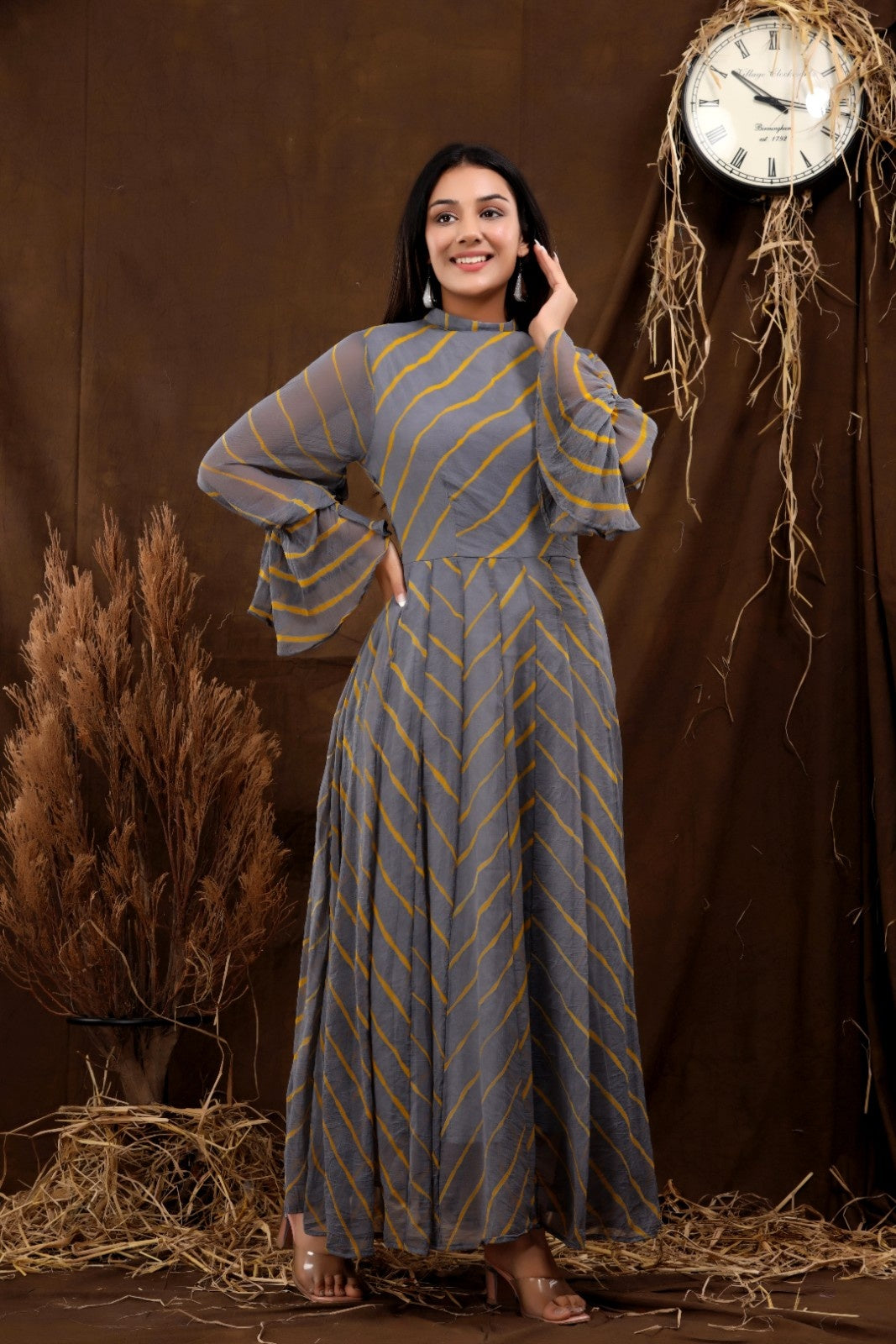 Grey Chiffon Leheriya Printed Dress