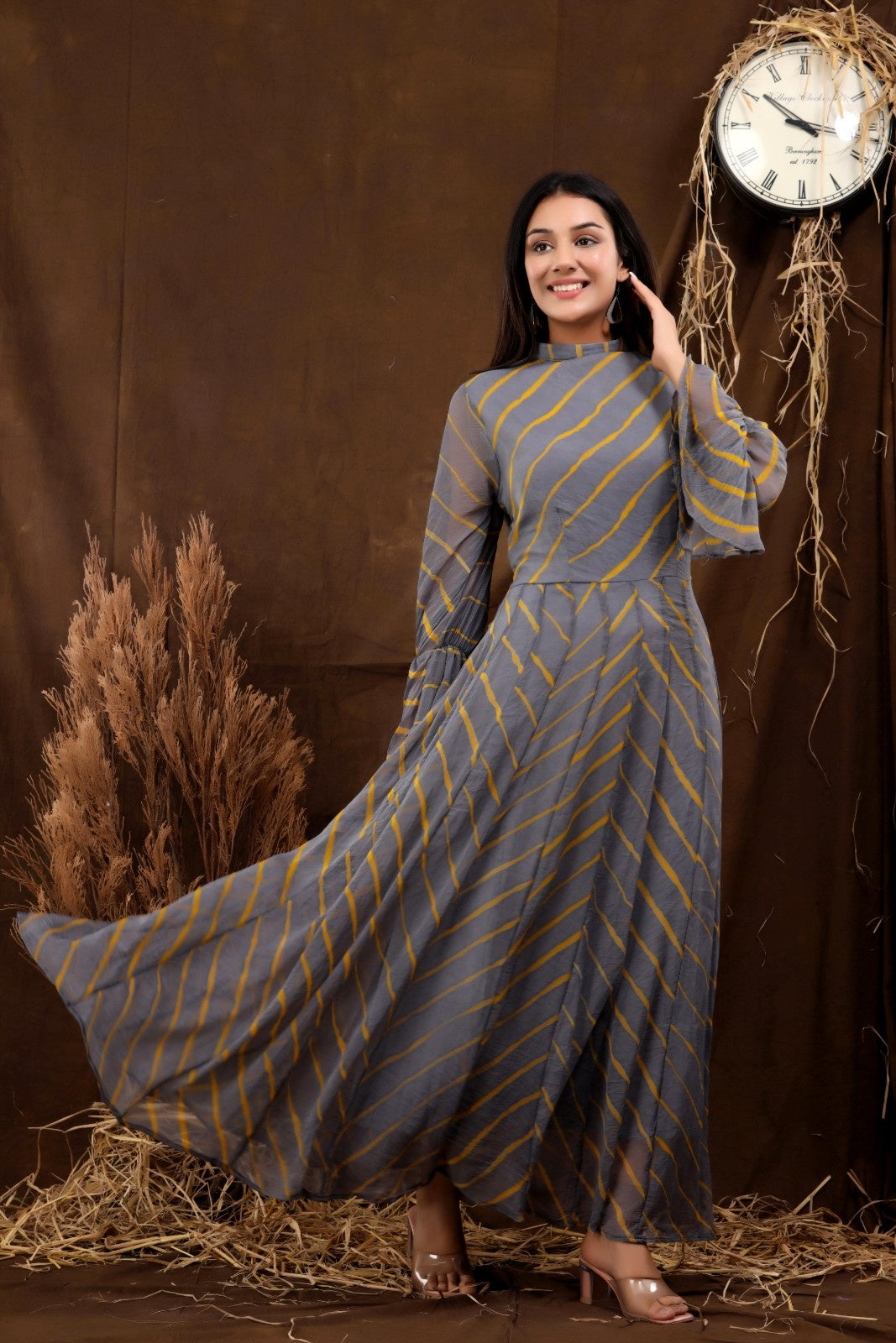 Grey Chiffon Leheriya Printed Dress