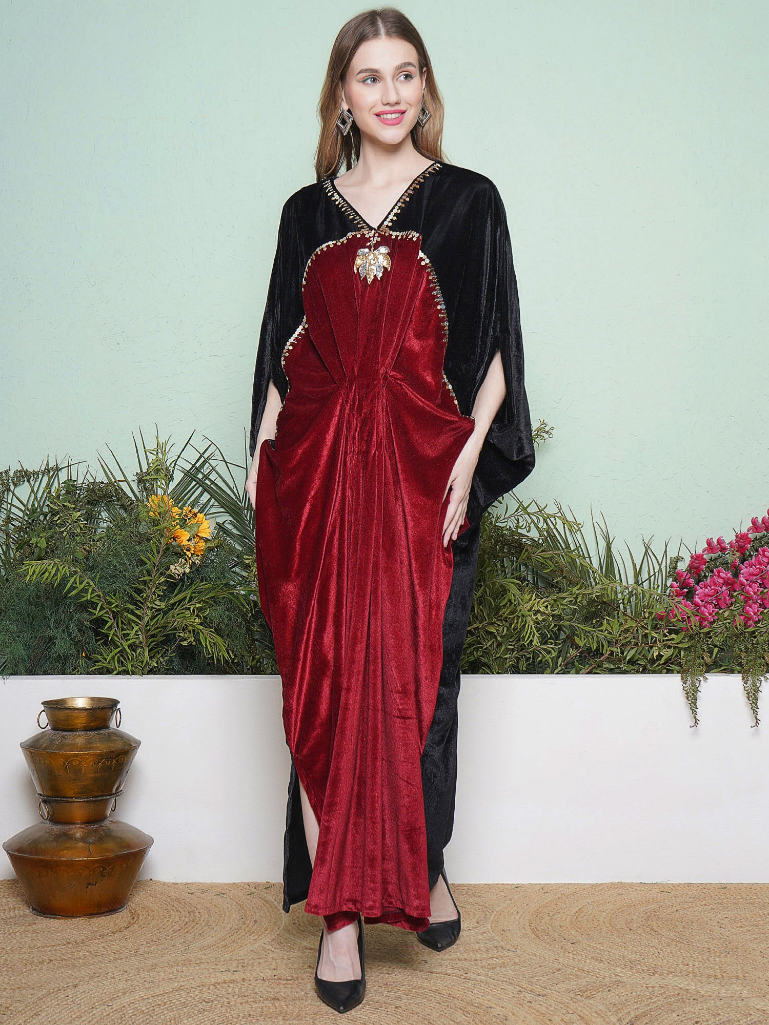 Women Black And Maroon Hand Embellished Gown