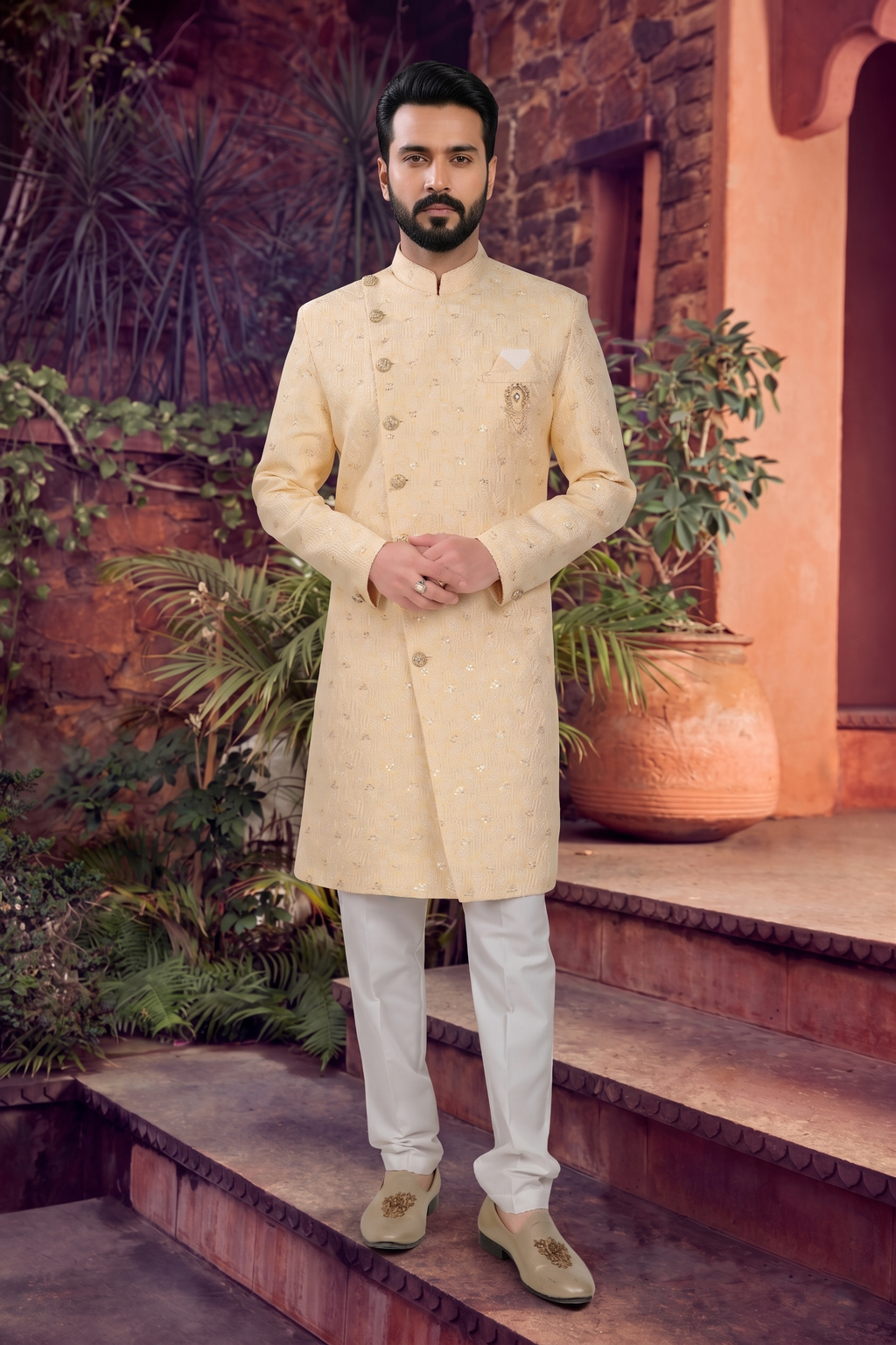 Men's WOVEN JACQUARD YELLOW  SEMI-INDO-WESTERN