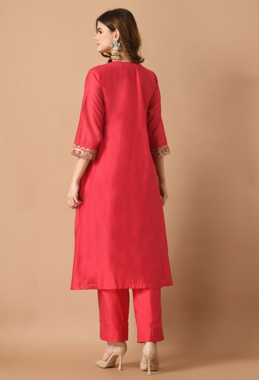 Women Self design Red V Neck Chanderi Kurta Set