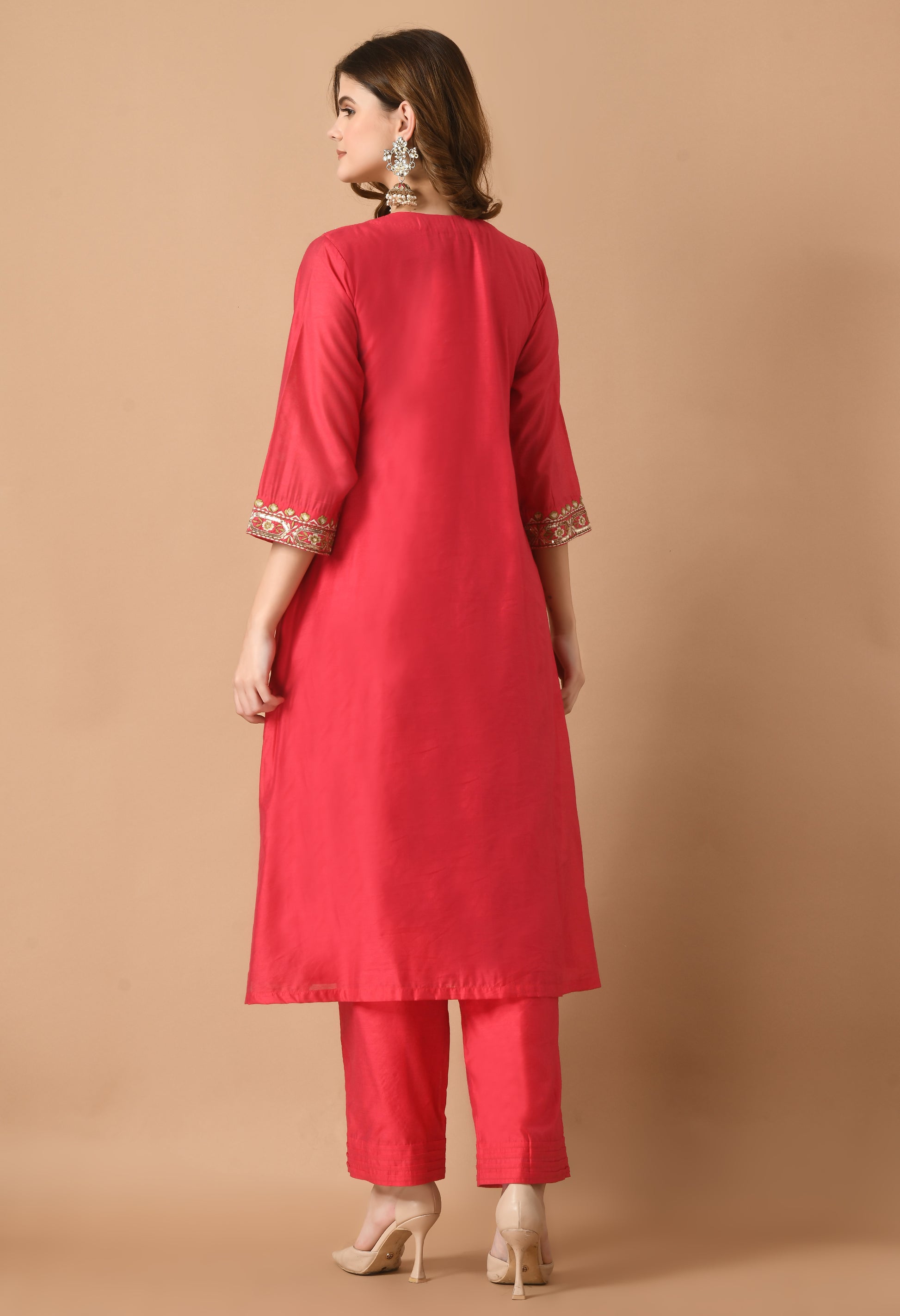 Women Self design Red V Neck Chanderi Kurta Set