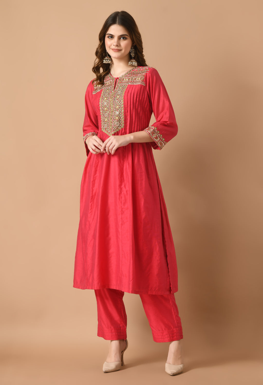 Women Self design Red V Neck Chanderi Kurta Set