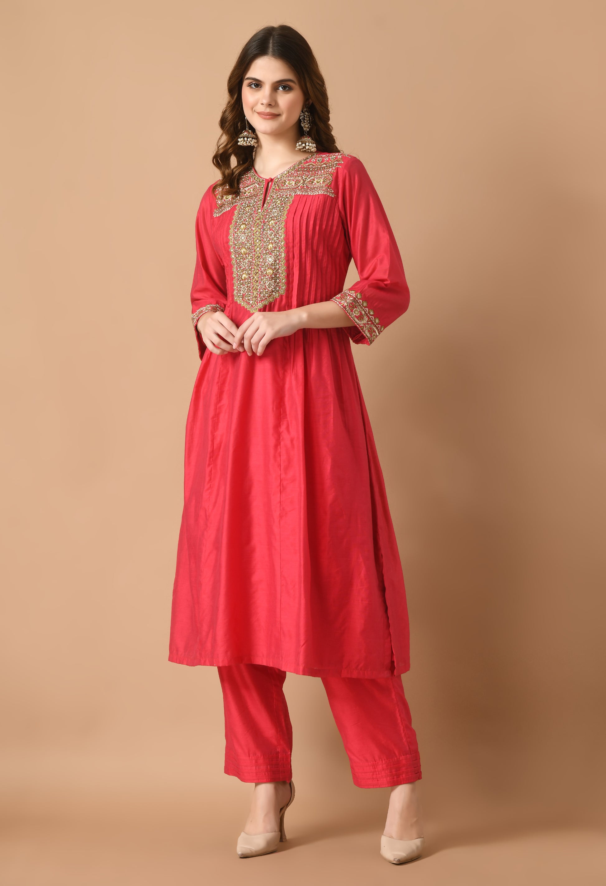 Women Self design Red V Neck Chanderi Kurta Set