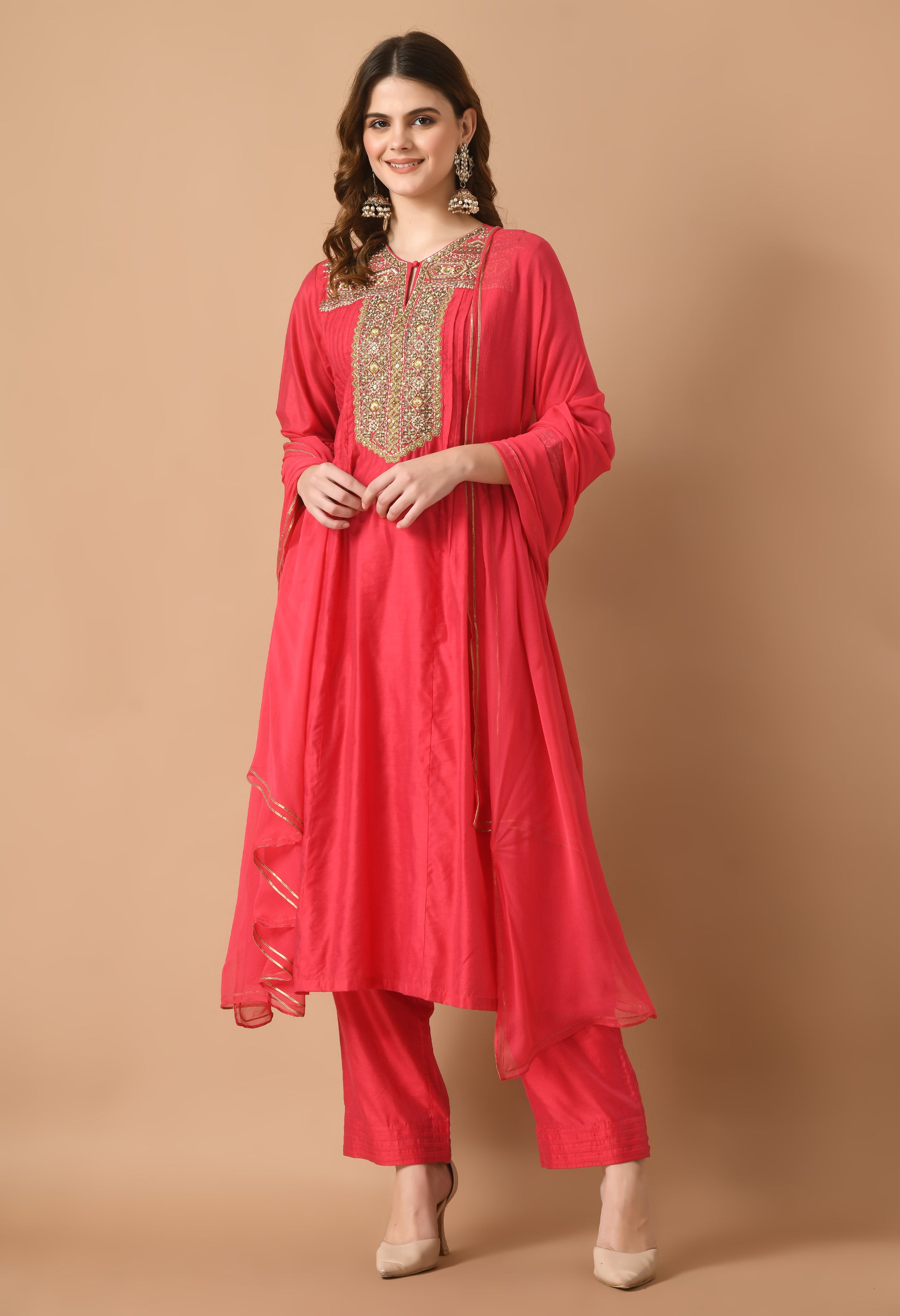 Women Self design Red V Neck Chanderi Kurta Set
