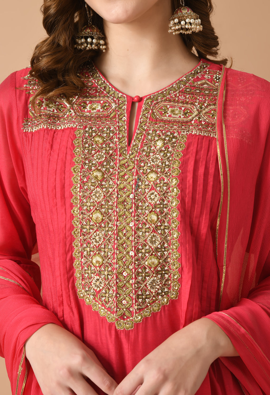 Women Self design Red V Neck Chanderi Kurta Set