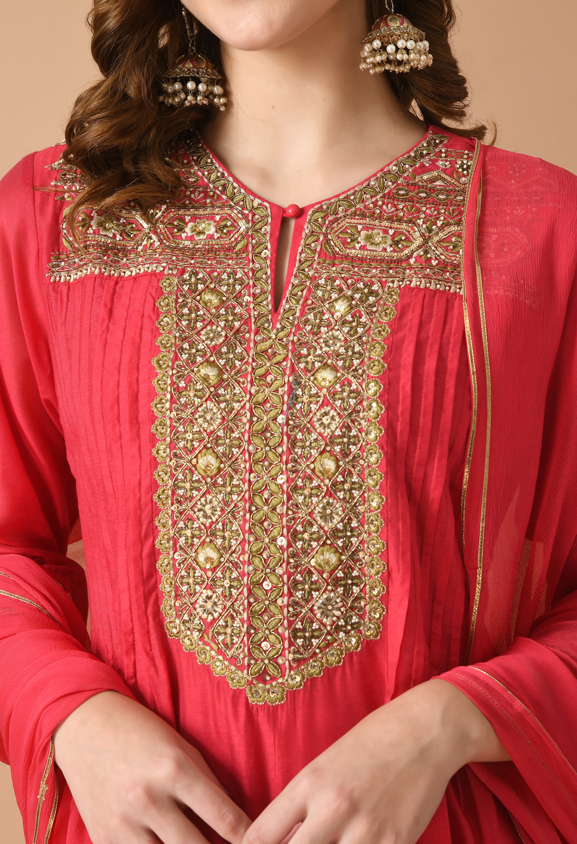 Women Self design Red V Neck Chanderi Kurta Set