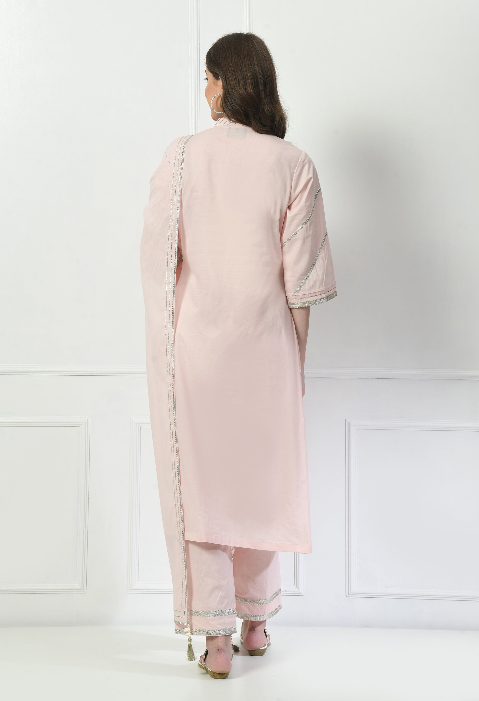 Women  Zari Work Cream V Neck Cotton Kurta Set