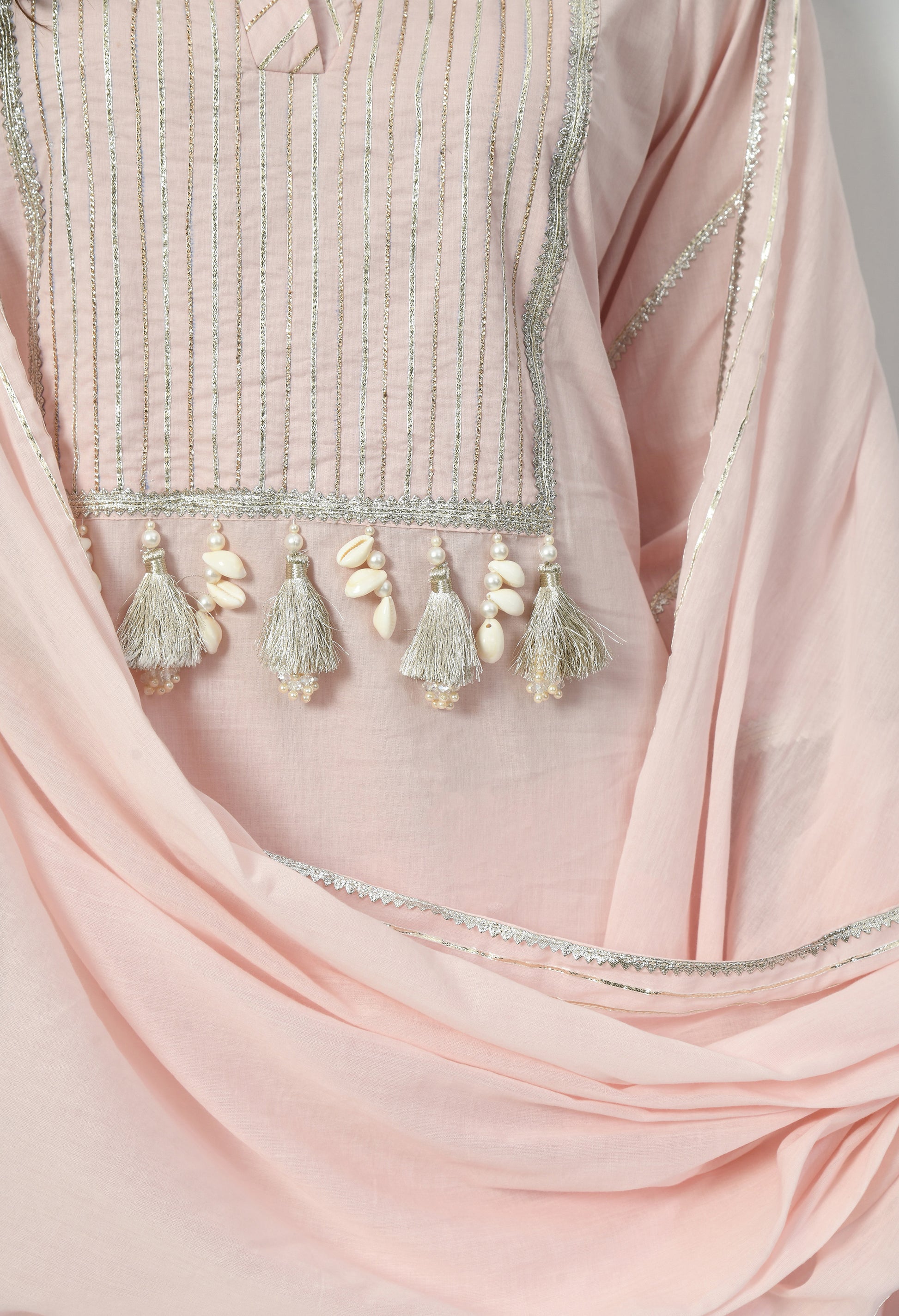Women  Zari Work Cream V Neck Cotton Kurta Set