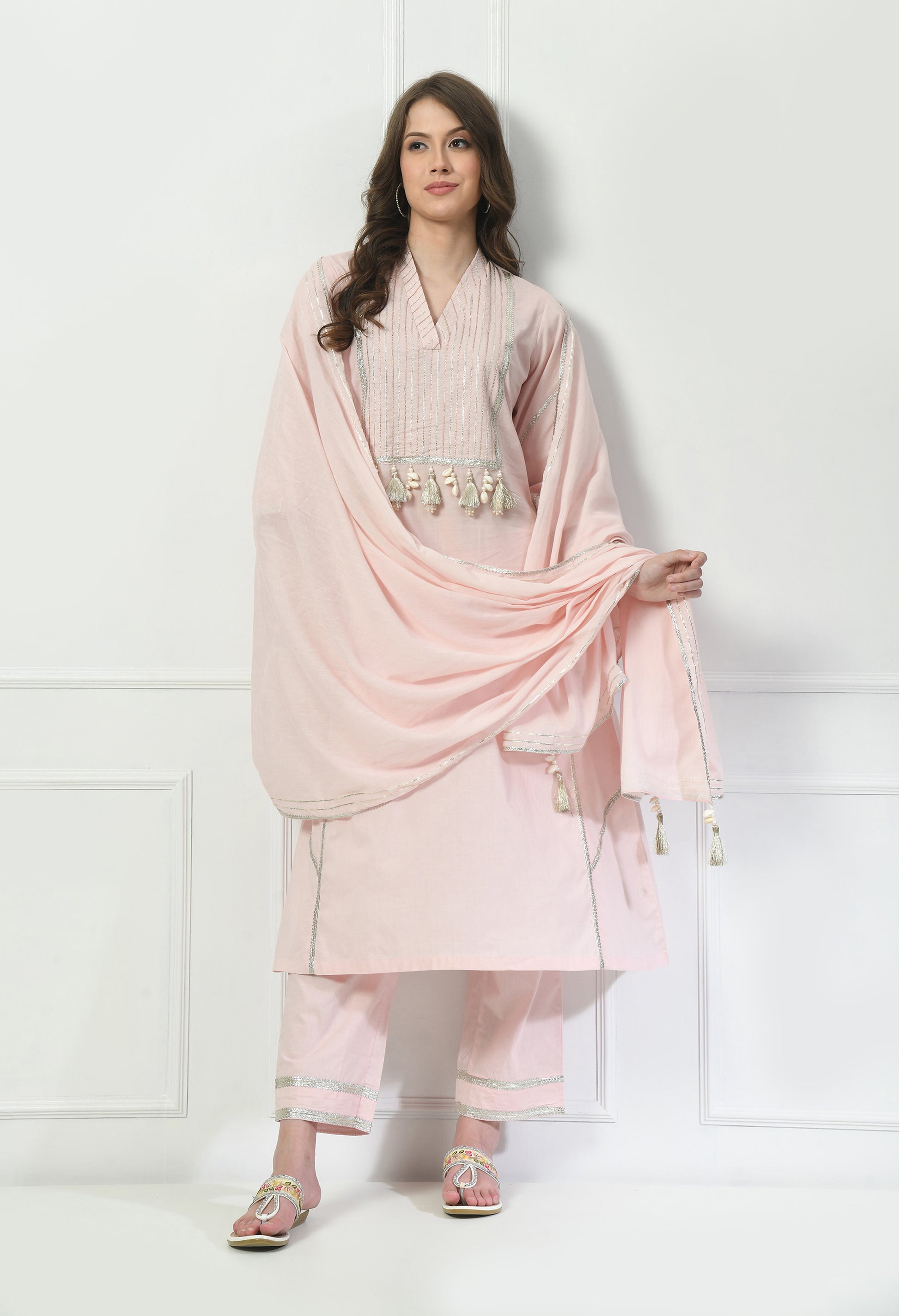 Women  Zari Work Cream V Neck Cotton Kurta Set
