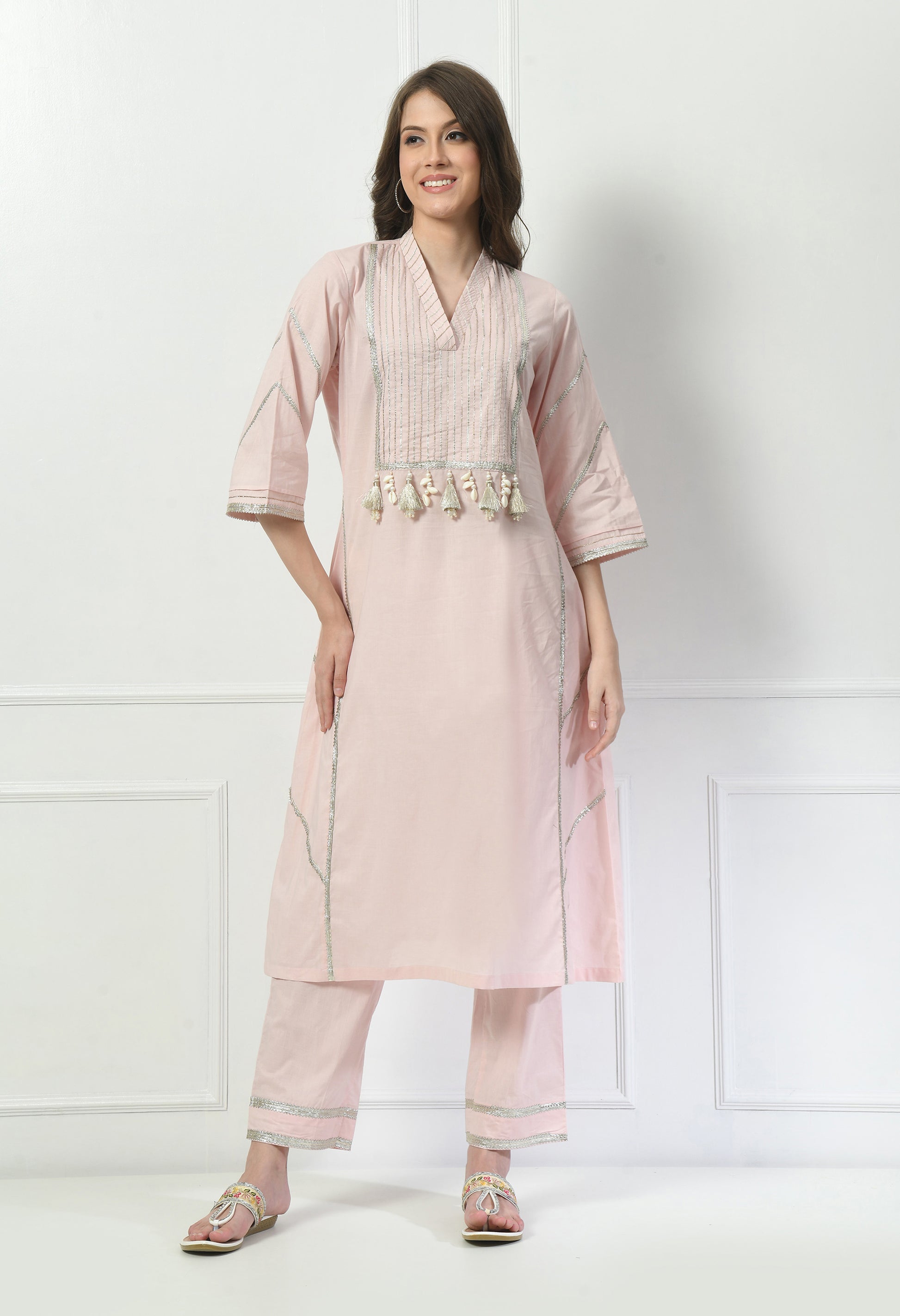 Women  Zari Work Cream V Neck Cotton Kurta Set