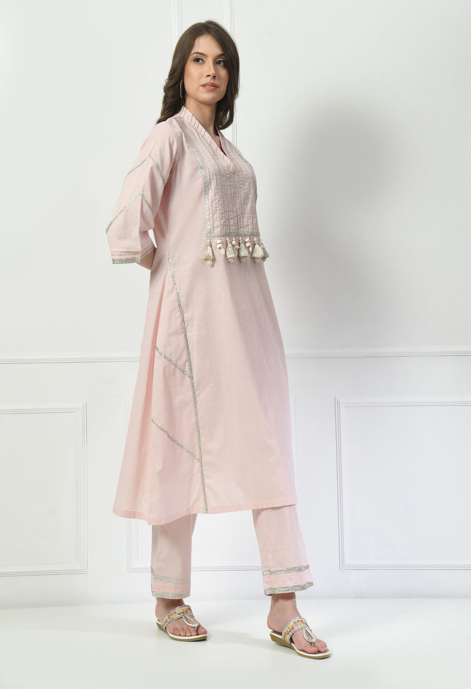 Women  Zari Work Cream V Neck Cotton Kurta Set