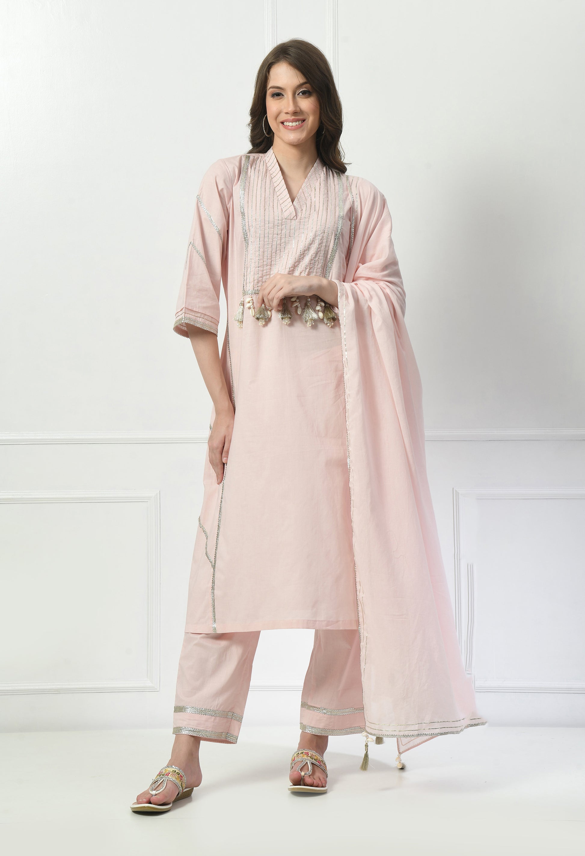 Women  Zari Work Cream V Neck Cotton Kurta Set