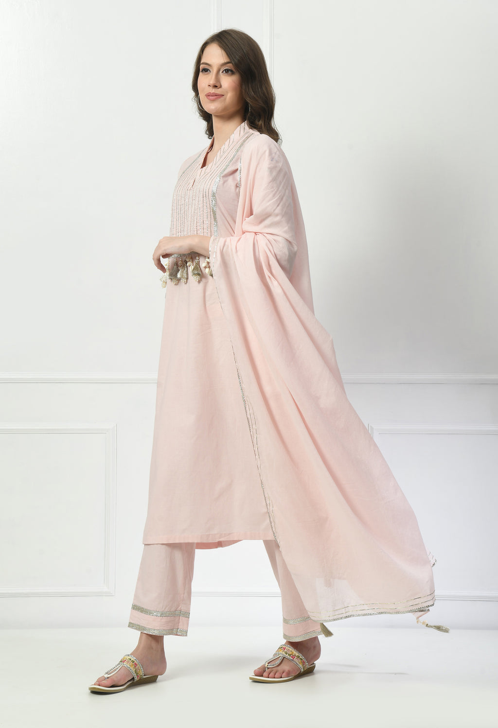 Women  Zari Work Cream V Neck Cotton Kurta Set