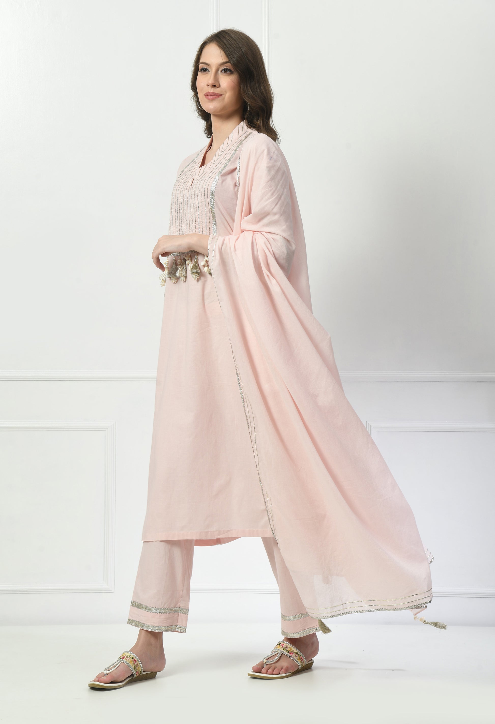 Women  Zari Work Cream V Neck Cotton Kurta Set