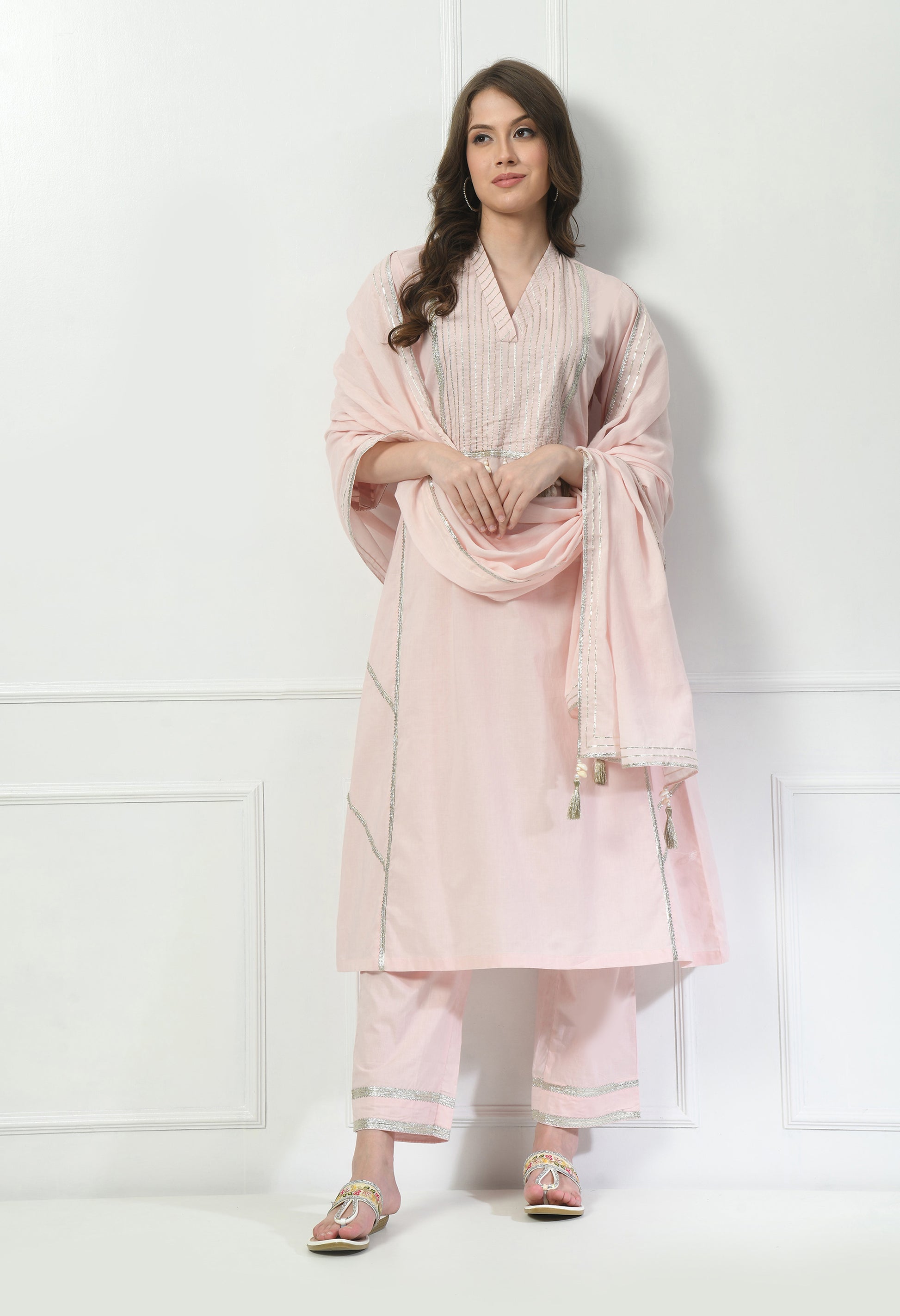 Women  Zari Work Cream V Neck Cotton Kurta Set
