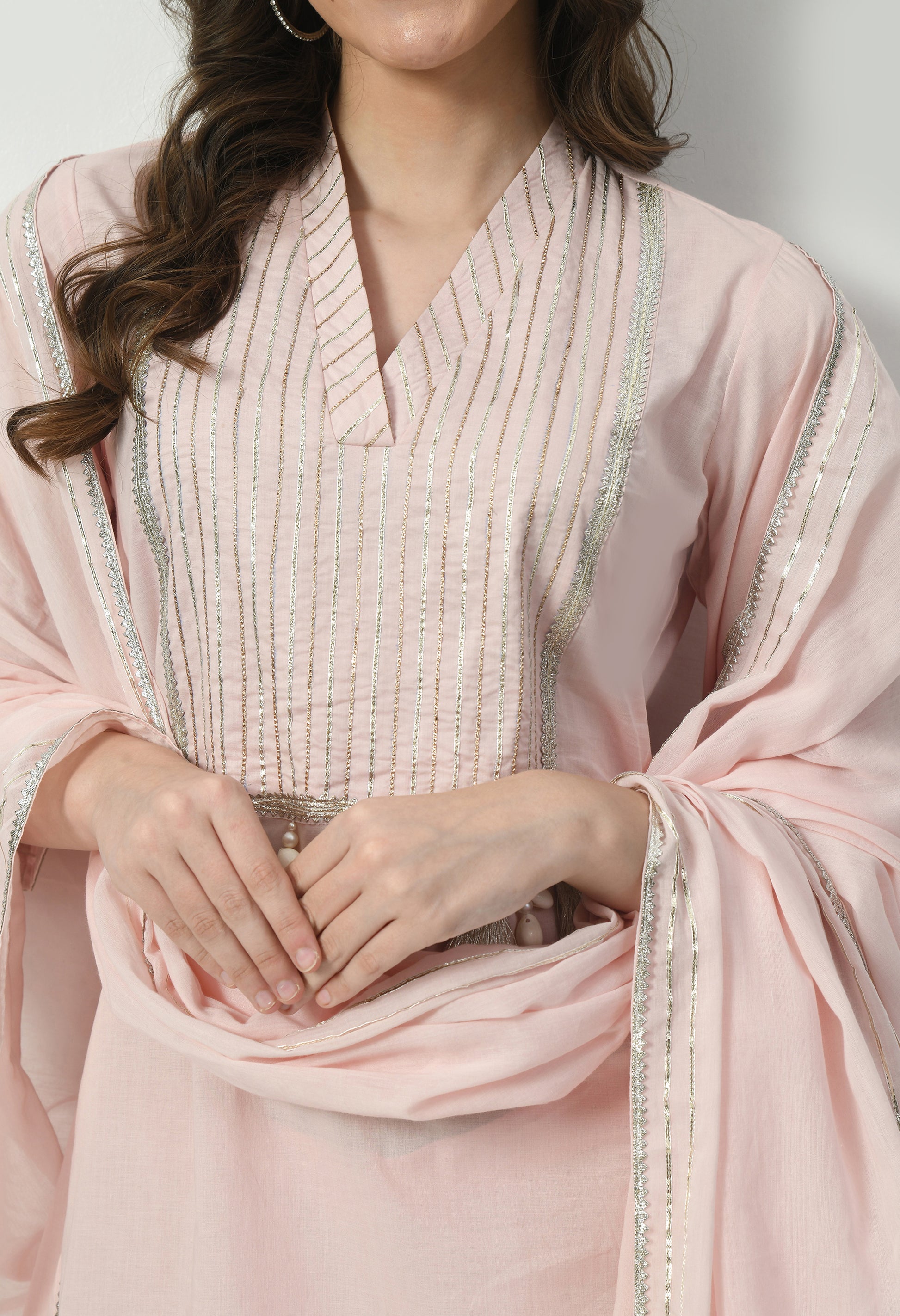 Women  Zari Work Cream V Neck Cotton Kurta Set