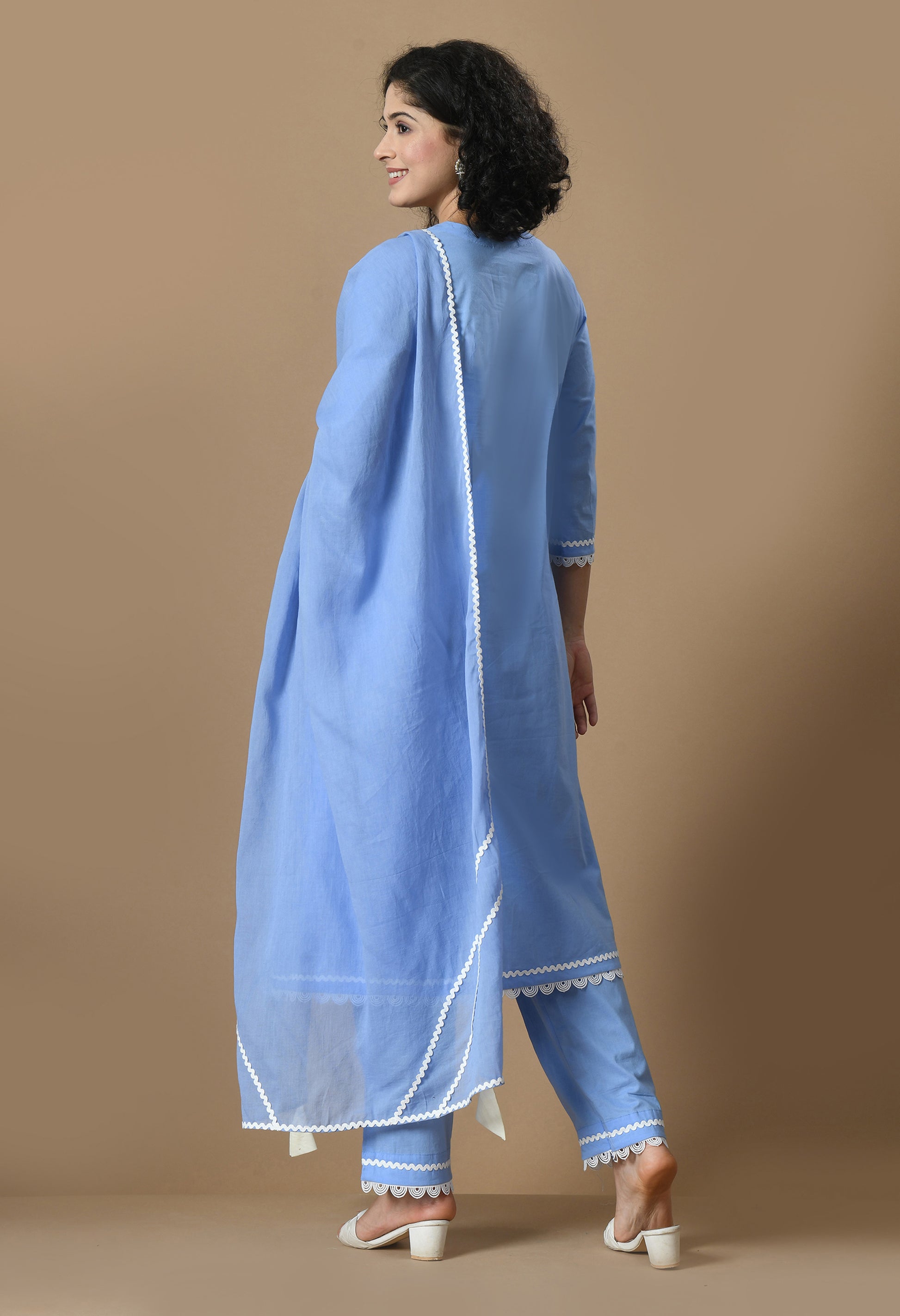 Women  Embroidery L.Blue V Neck Cotton Kurta Set