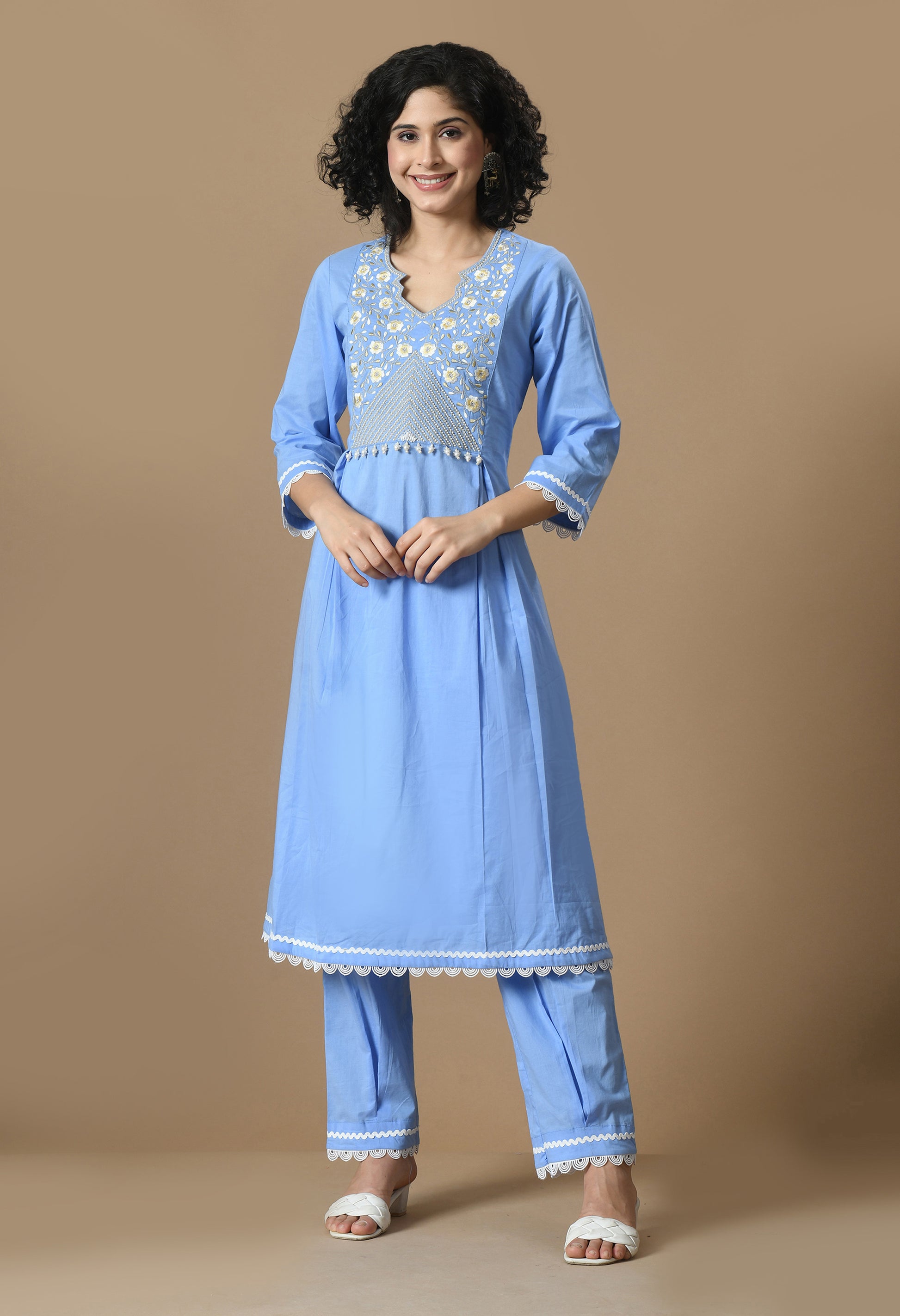 Women  Embroidery L.Blue V Neck Cotton Kurta Set