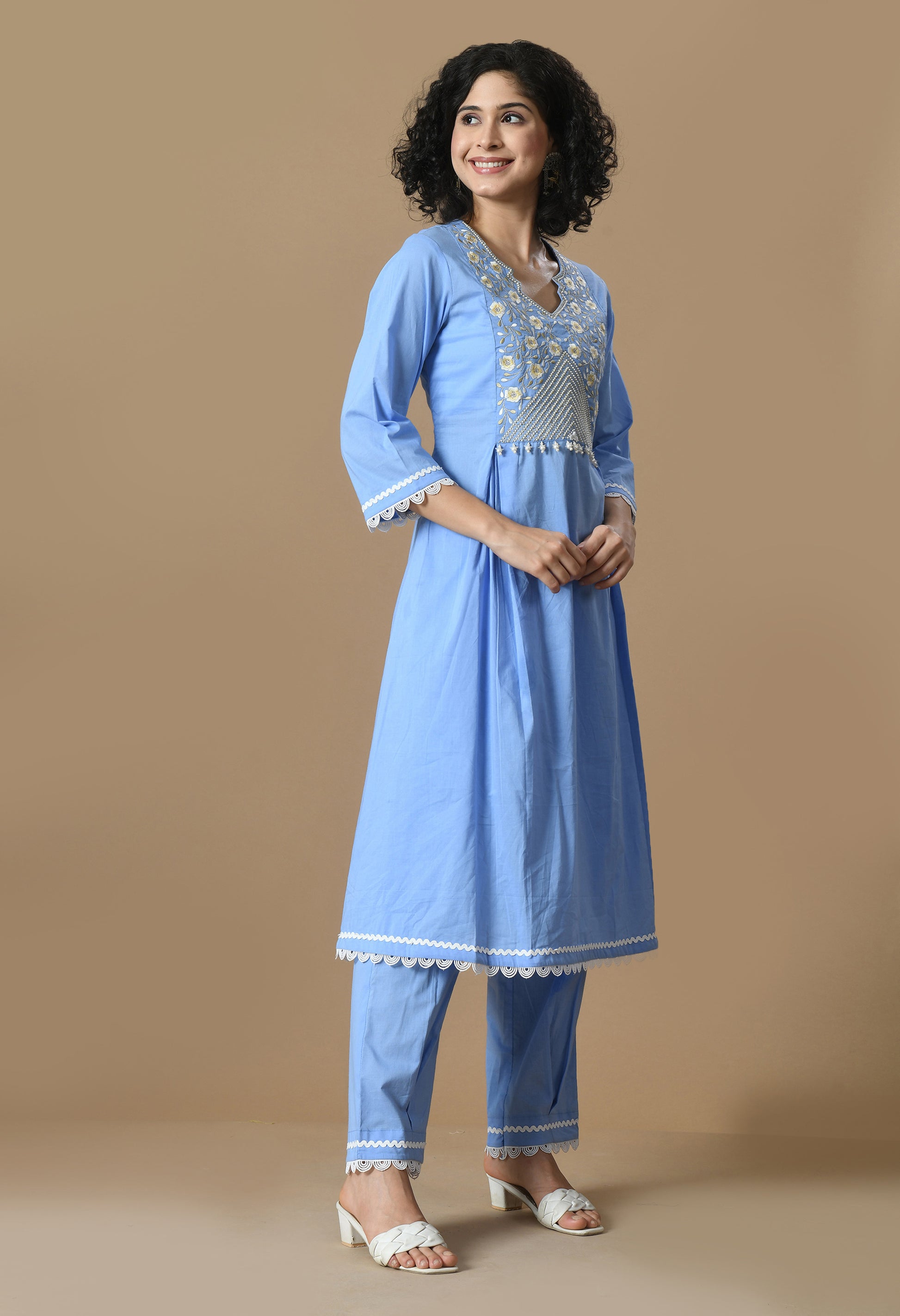 Women  Embroidery L.Blue V Neck Cotton Kurta Set